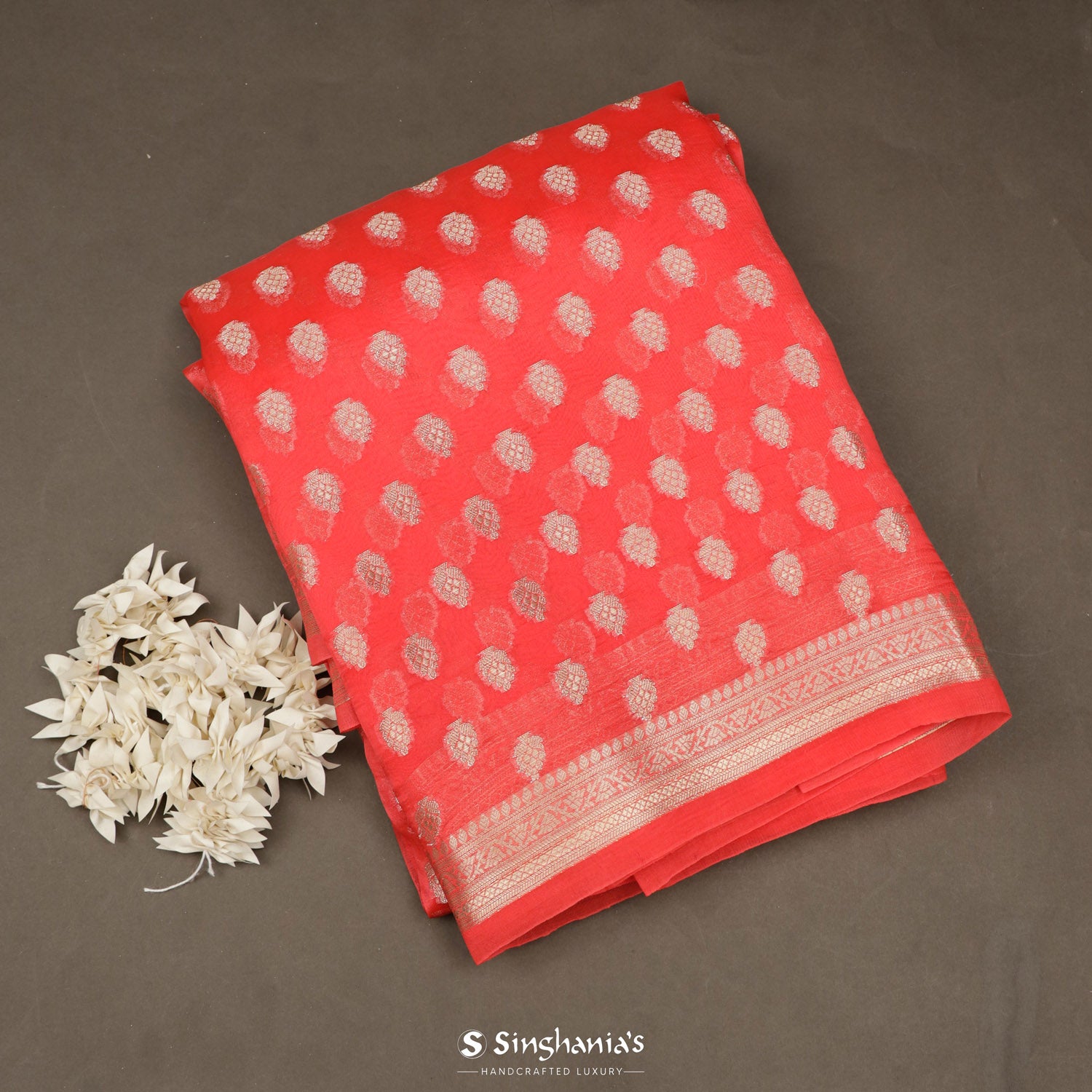 True Red Organza Saree With Banarasi Weaving