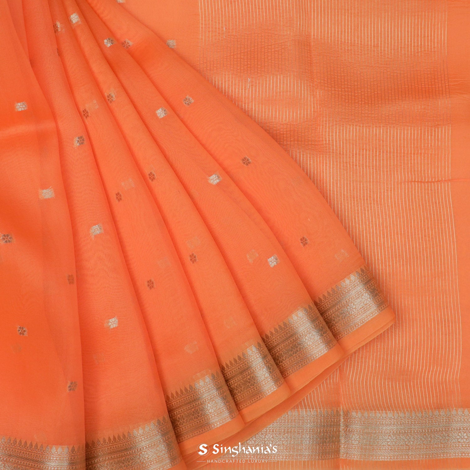 Coral Orange Organza Saree With Banarasi Weaving