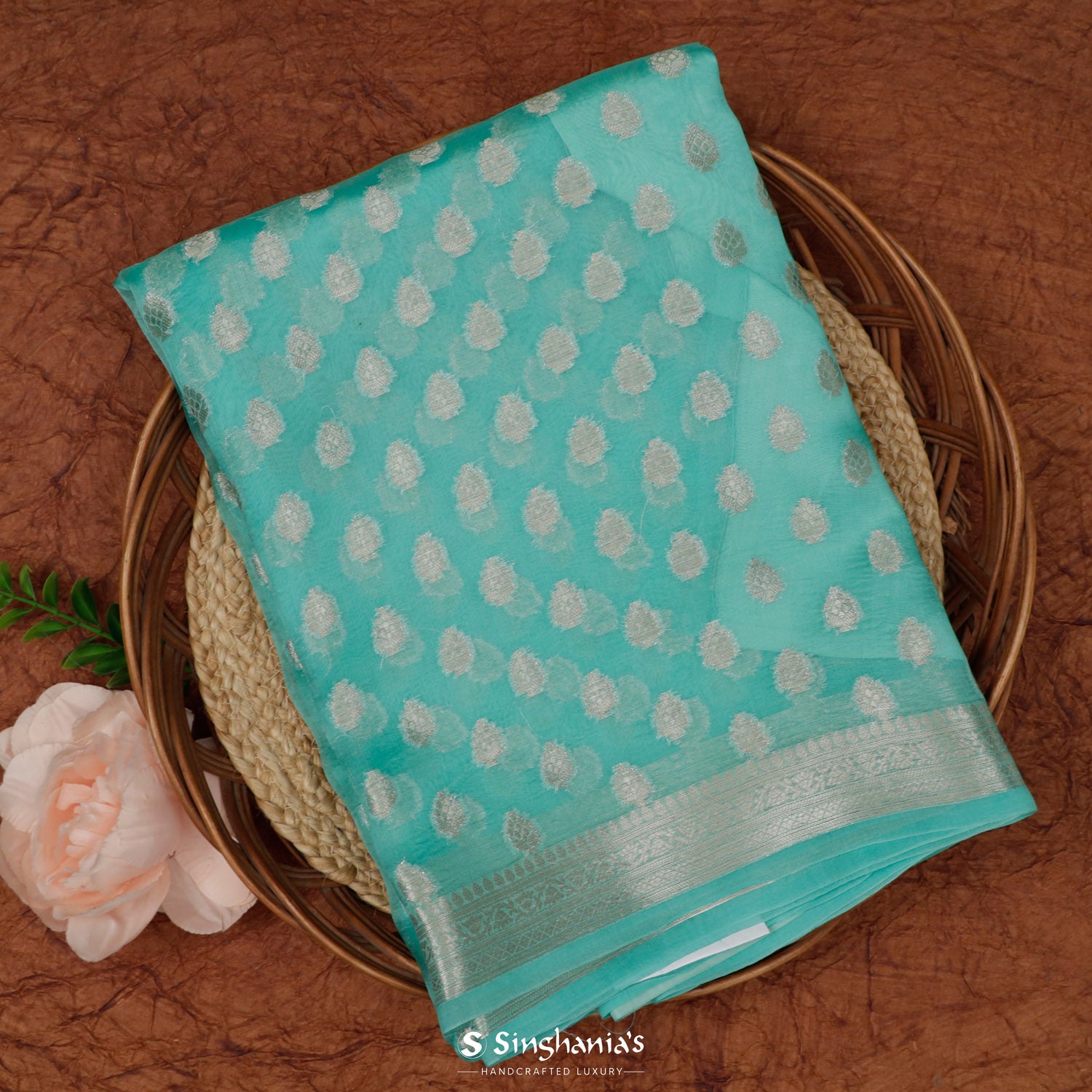 Fluorescent Blue Organza Saree With Banarasi Weaving