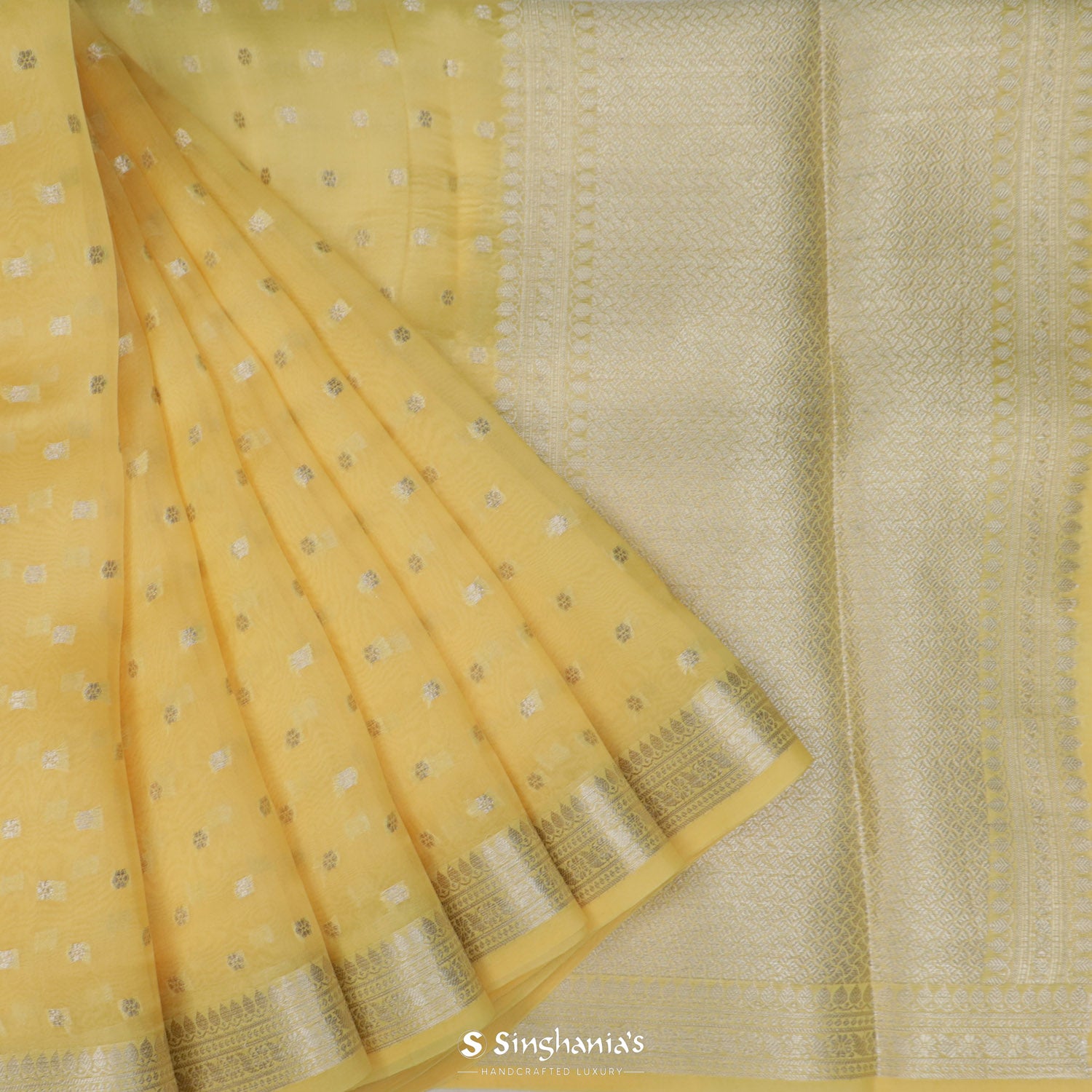 Mustard Yellow Organza Saree With Banarasi Weaving