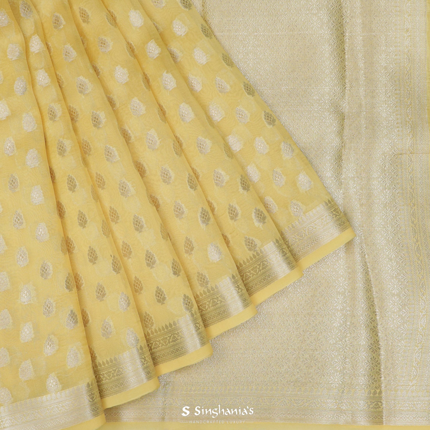 Flax Yellow Organza Saree With Banarasi Weaving