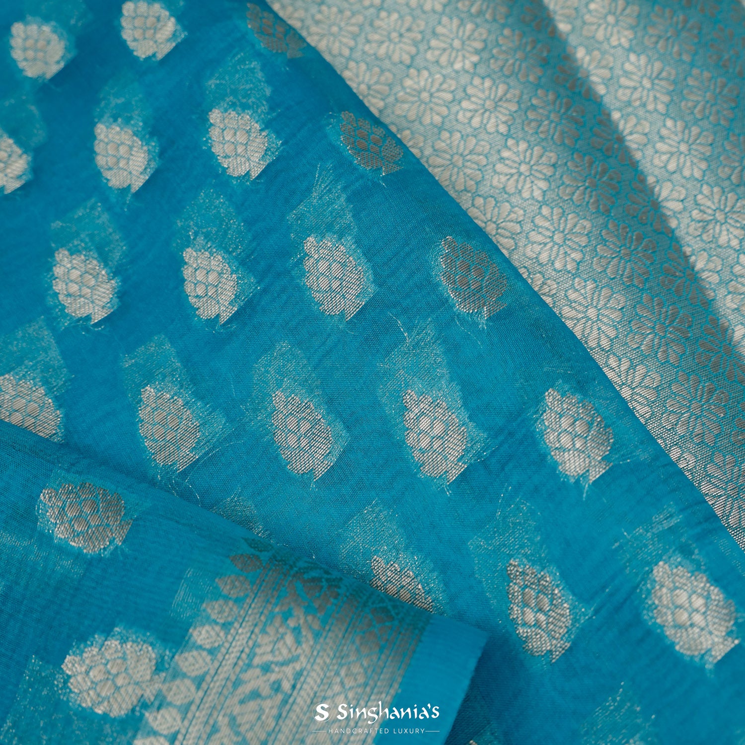 Ocean Themed Blue Organza Saree With Banarasi Weaving