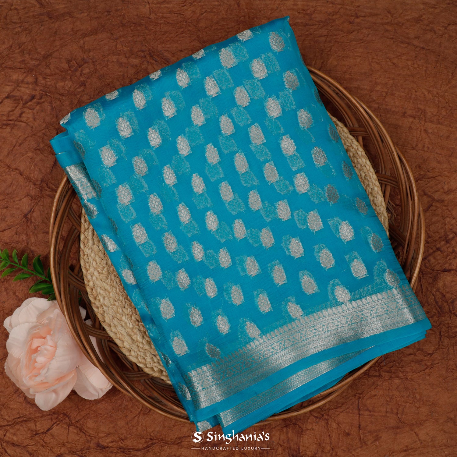 Ocean Themed Blue Organza Saree With Banarasi Weaving