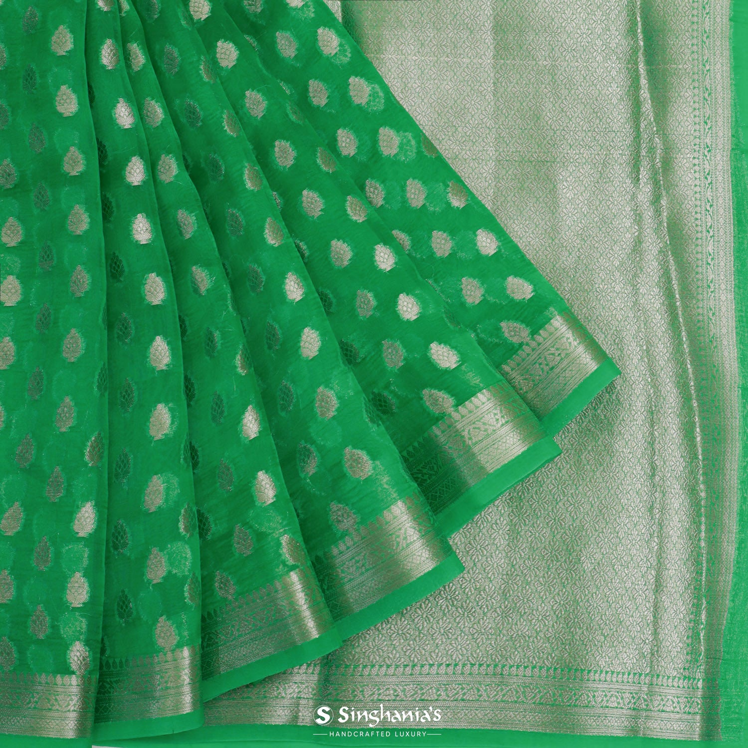 Very Light Malachite Green Organza Saree With Floral Butti