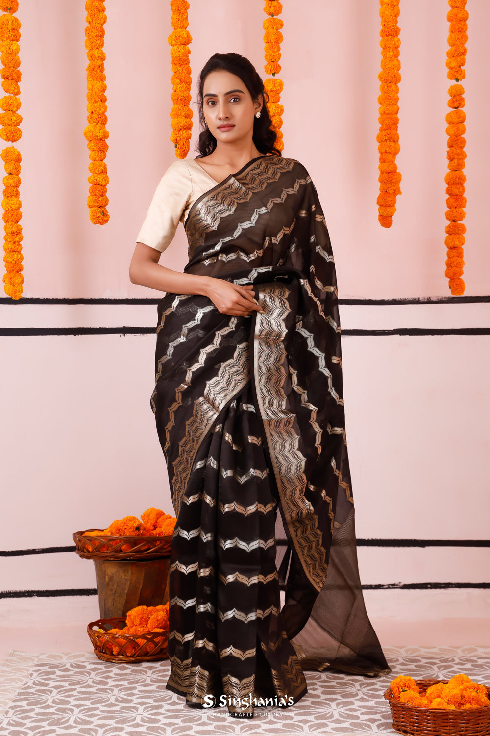 Night Black Banarasi Organza Saree With Chevron Weaving