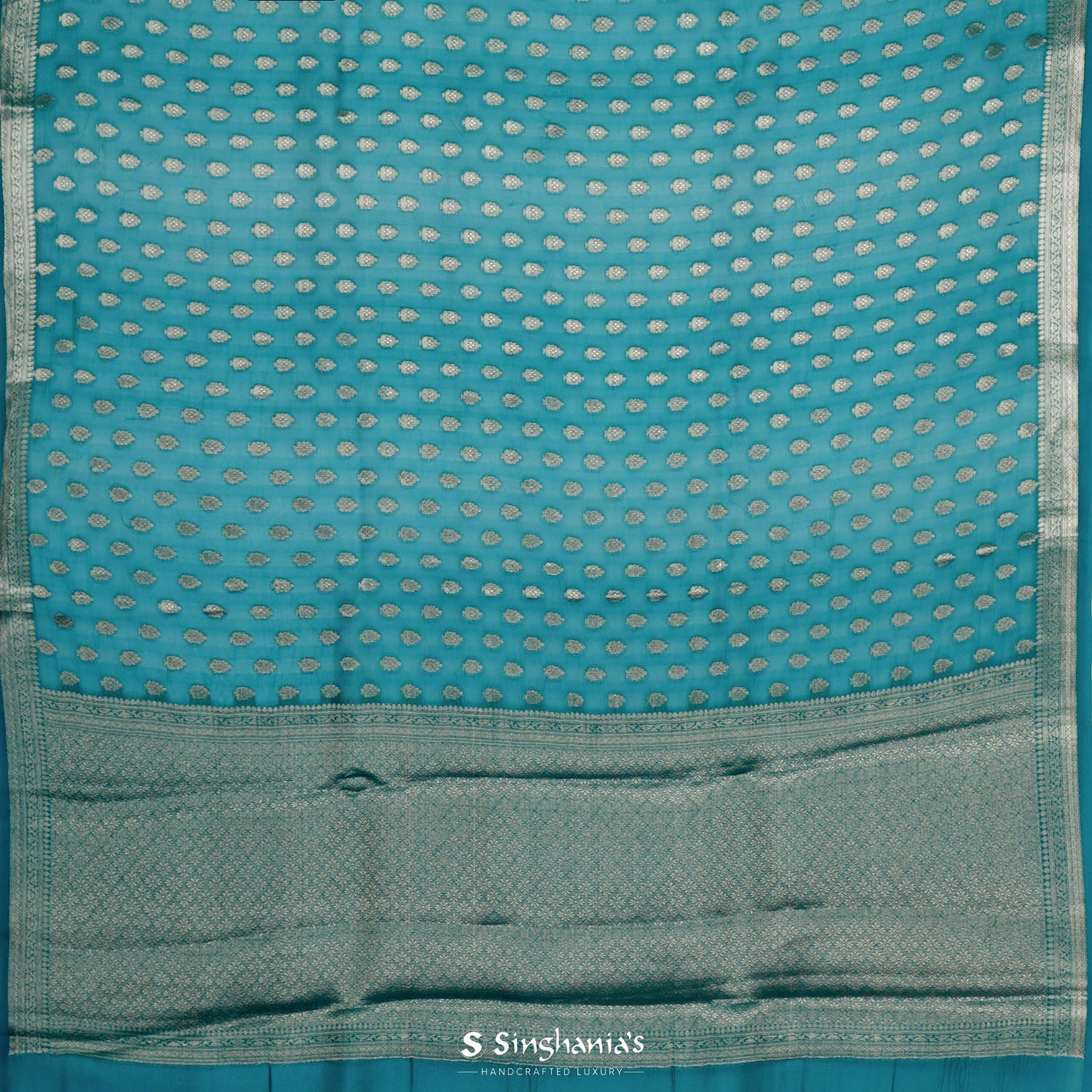 Dolphins Aqua Blue Organza Saree With Banarasi Weaving