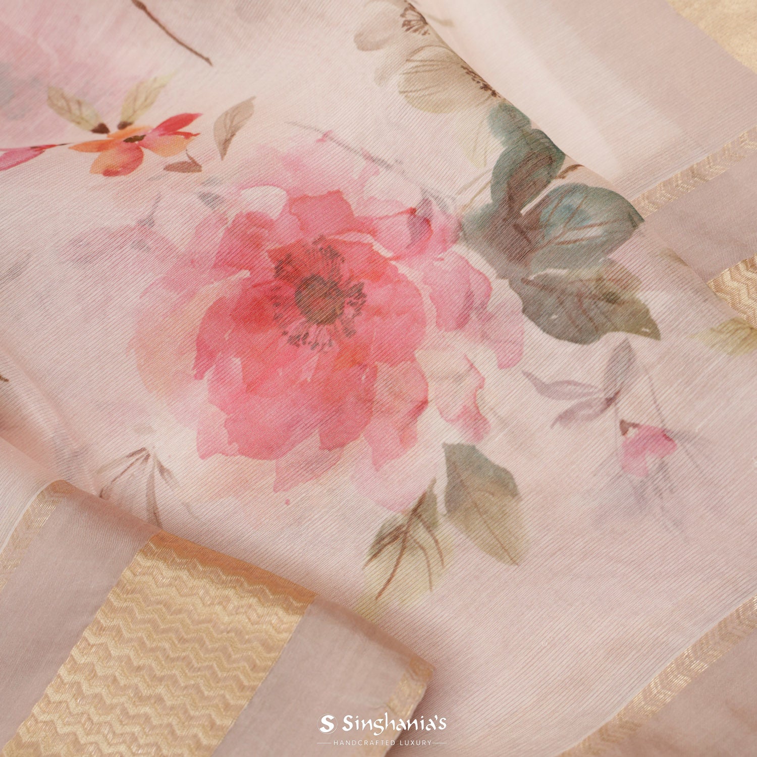 Pale Pink Printed Maheshwari Silk Saree With Floral Jaal Pattern