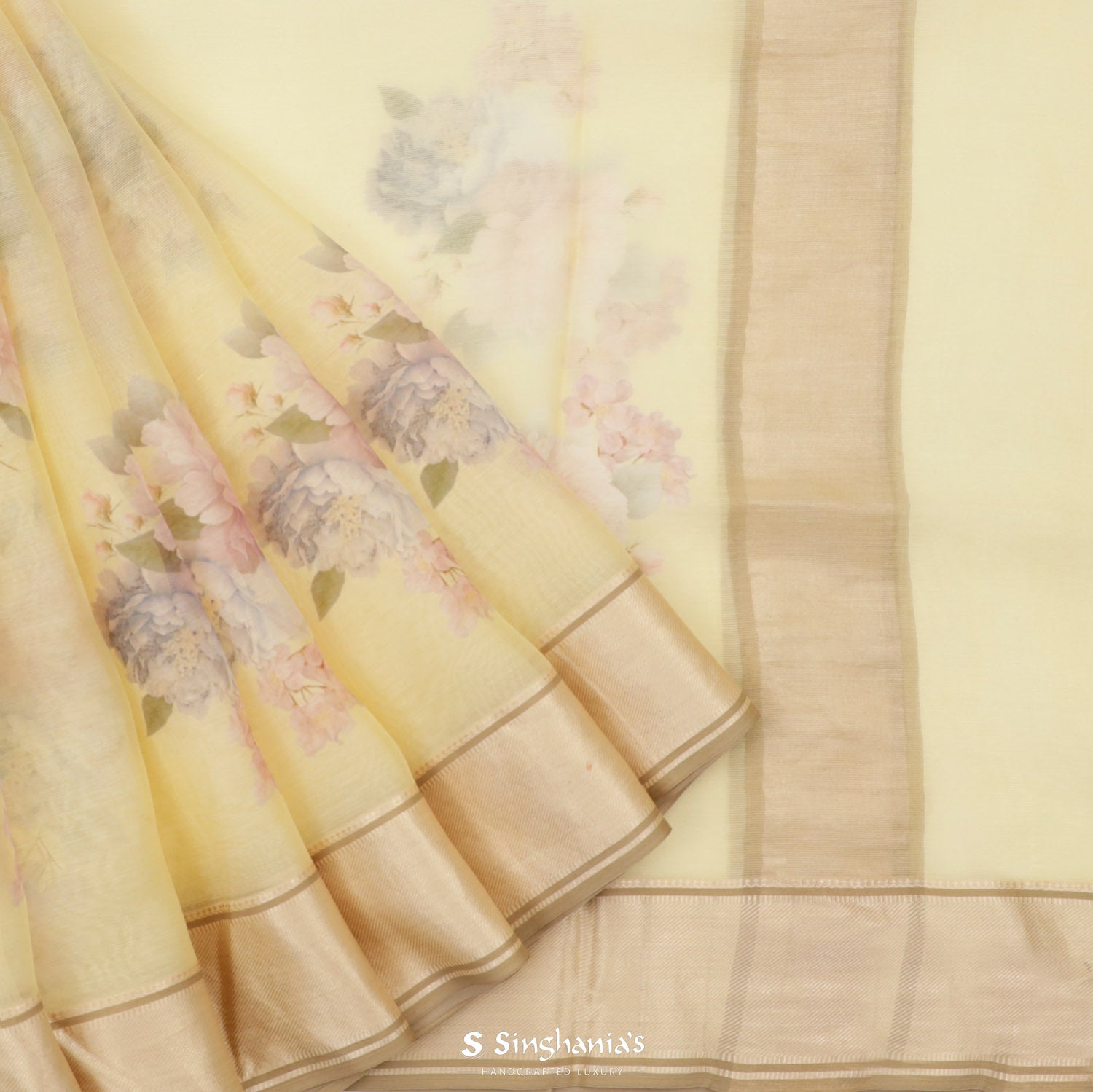 Warm Yellow Printed Maheshwari Saree With Floral Pattern