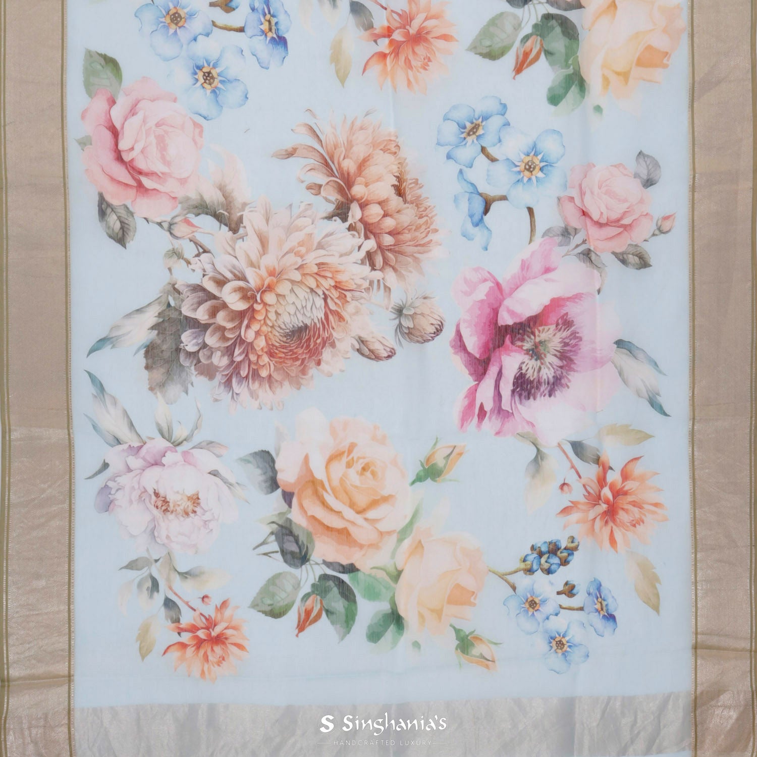 Beau Blue Printed Maheshwari Saree With Floral Pattern