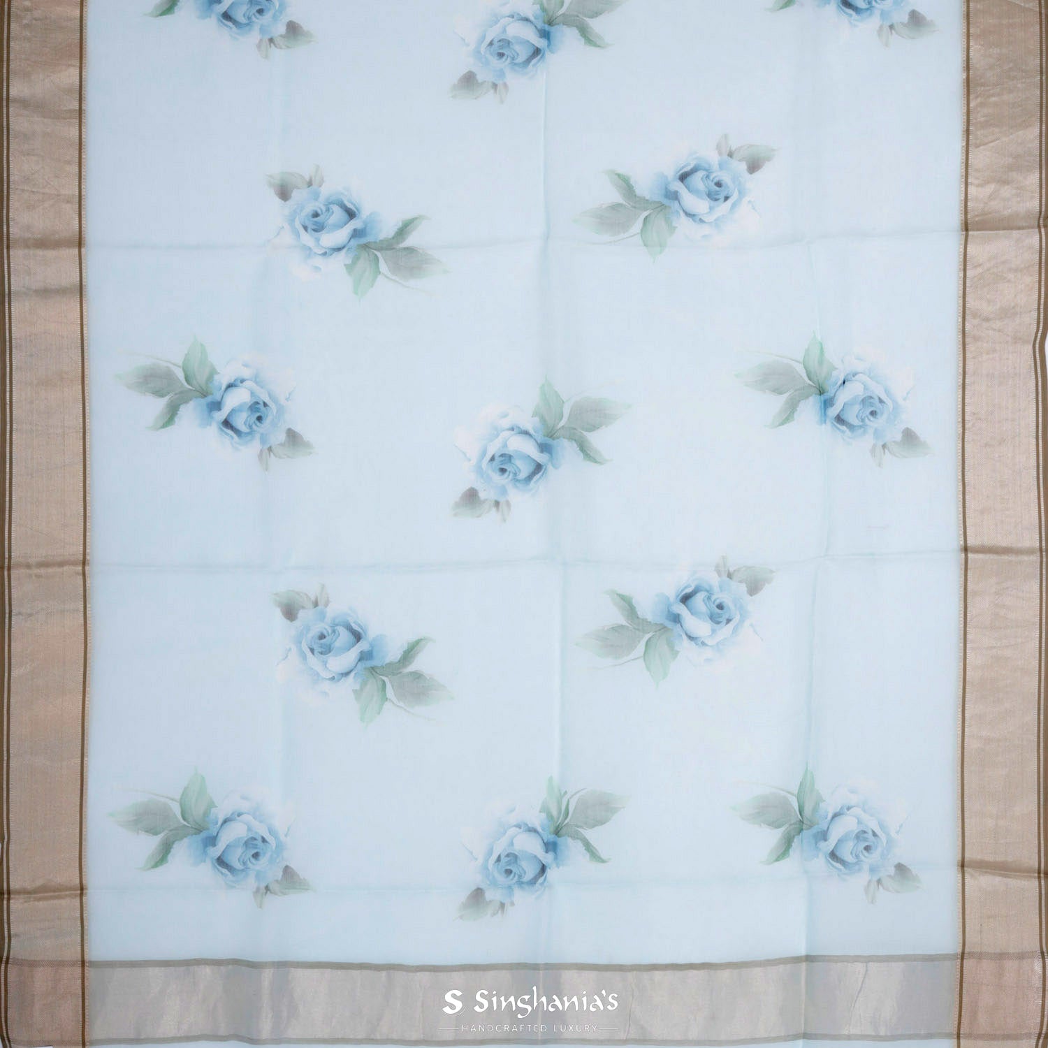 Celeste Blue Printed Maheshwari Saree With Floral Pattern