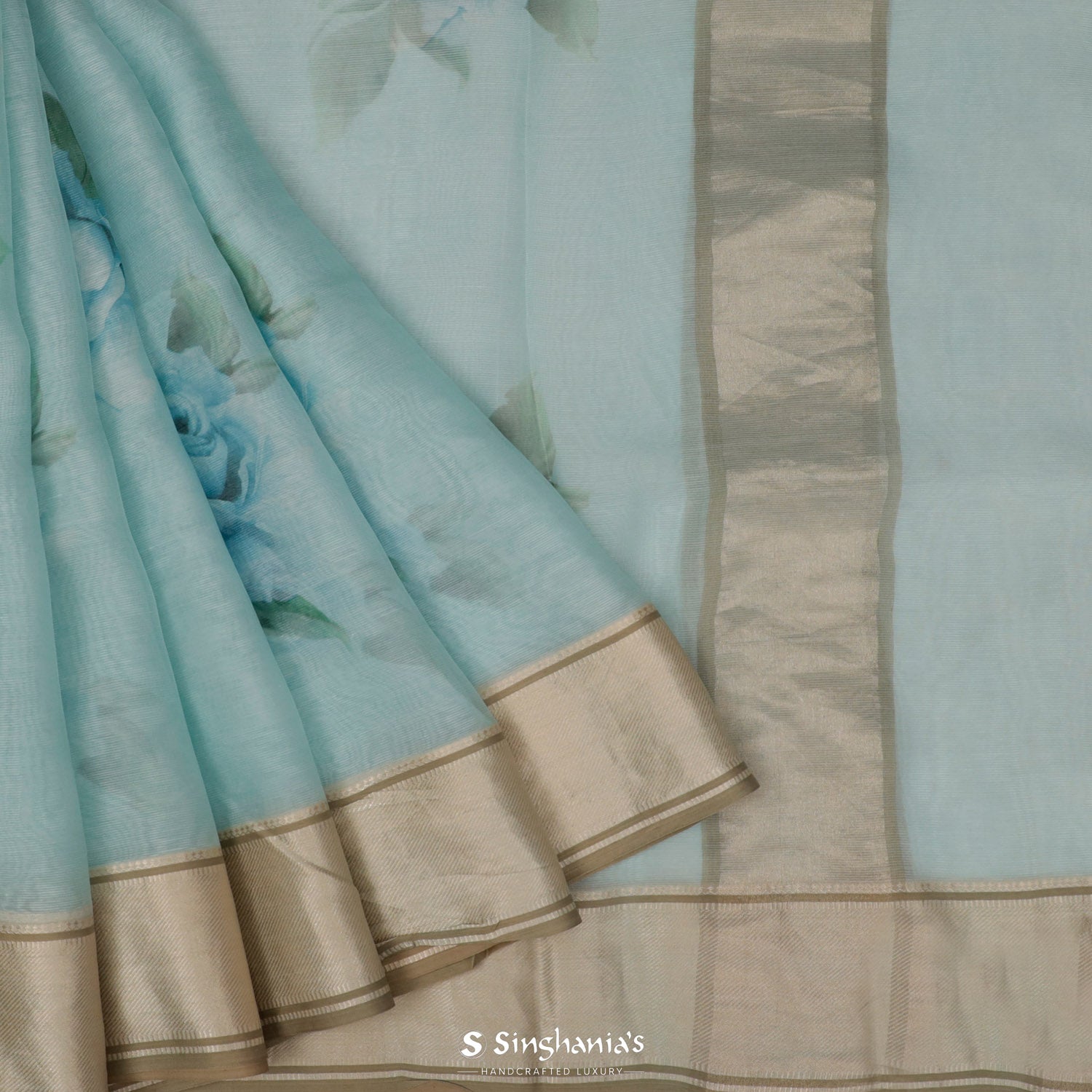 Celeste Blue Printed Maheshwari Saree With Floral Pattern