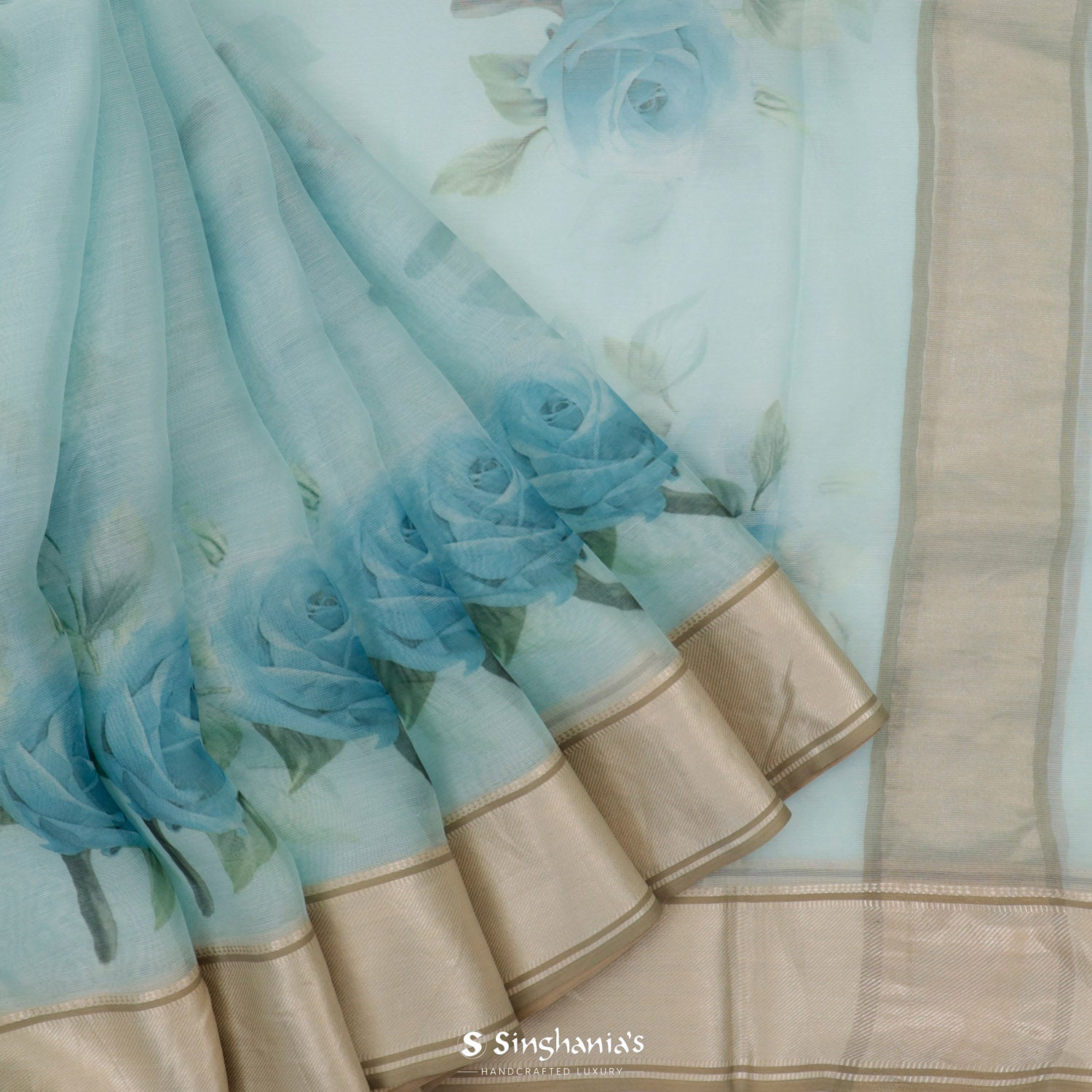 Columbia Blue Printed Maheshwari Saree With Floral Pattern