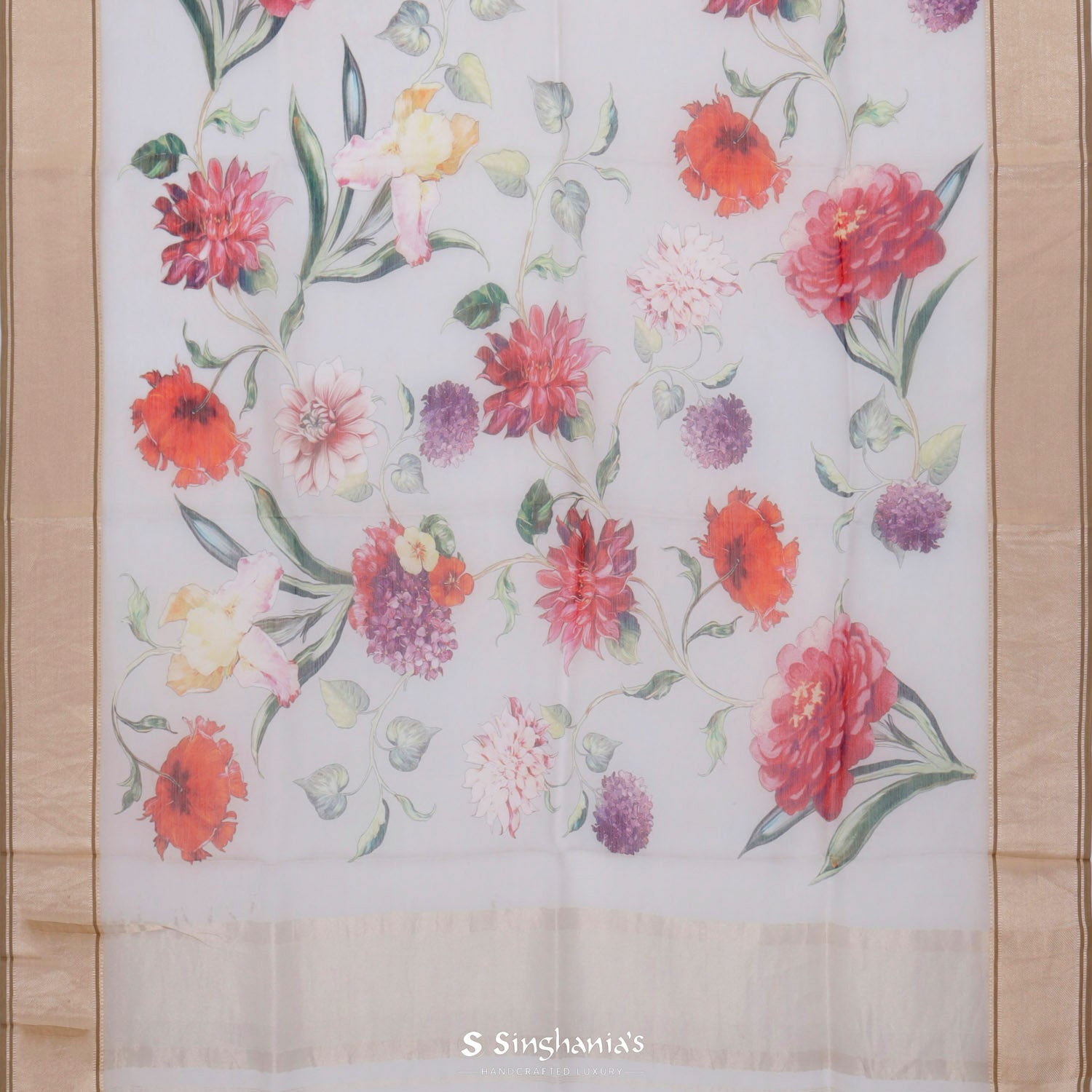 Snow White Printed Maheshwari Saree With Floral Pattern