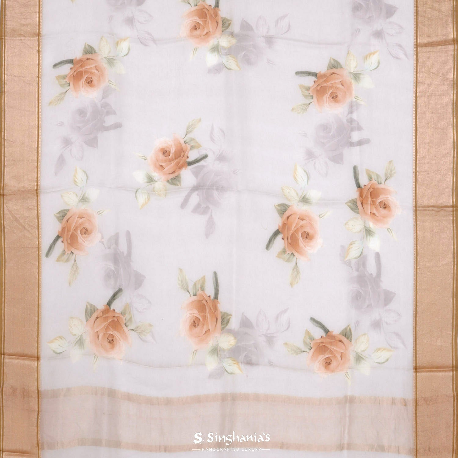 Solid Gray Printed Maheshwari Saree With Floral Pattern
