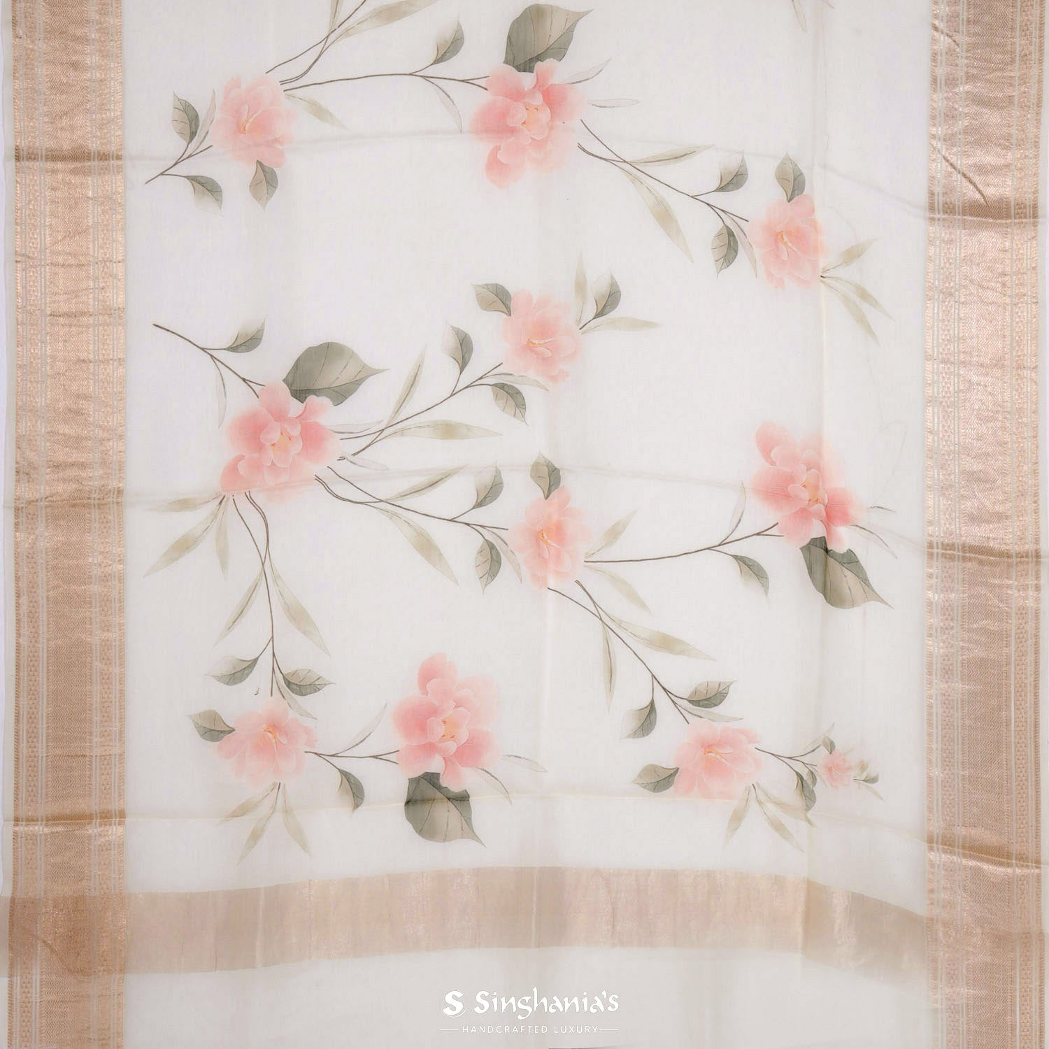 Acadia White Printed Maheshwari Saree With Floral Pattern