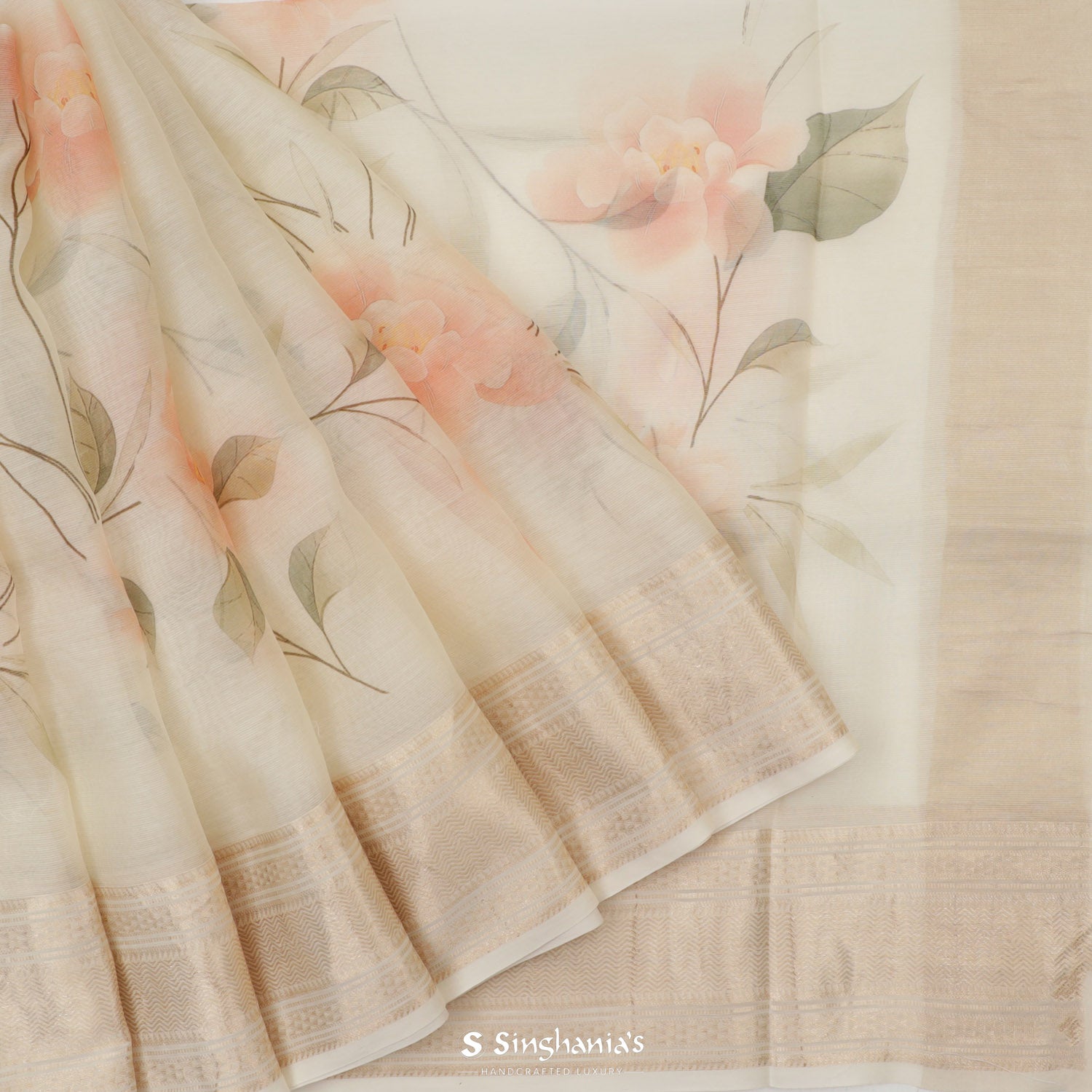 Acadia White Printed Maheshwari Saree With Floral Pattern