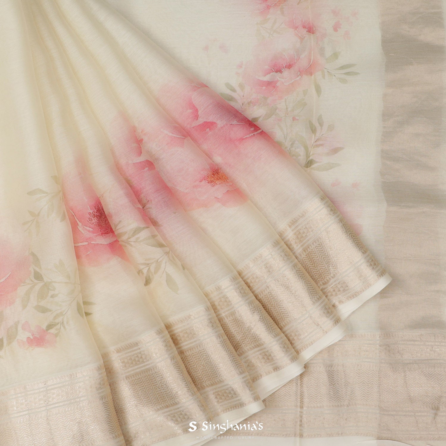 Pearl Cream Printed Maheshwari Saree With Floral Pattern