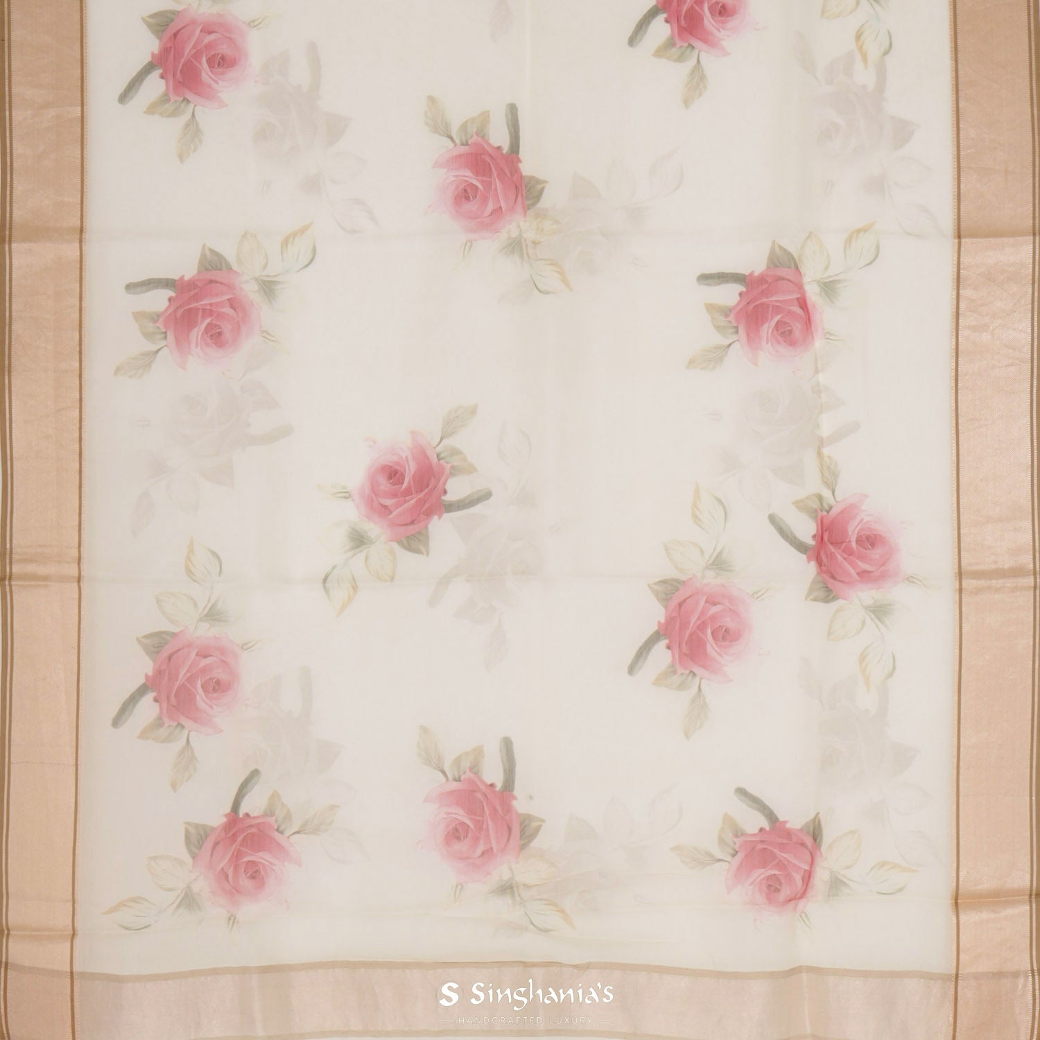 Beige White Printed Maheshwari Saree With Floral Pattern
