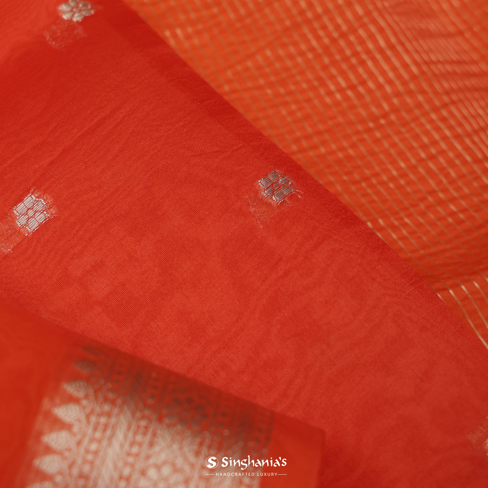 Orange-Red Organza Saree With Banarasi Weaving
