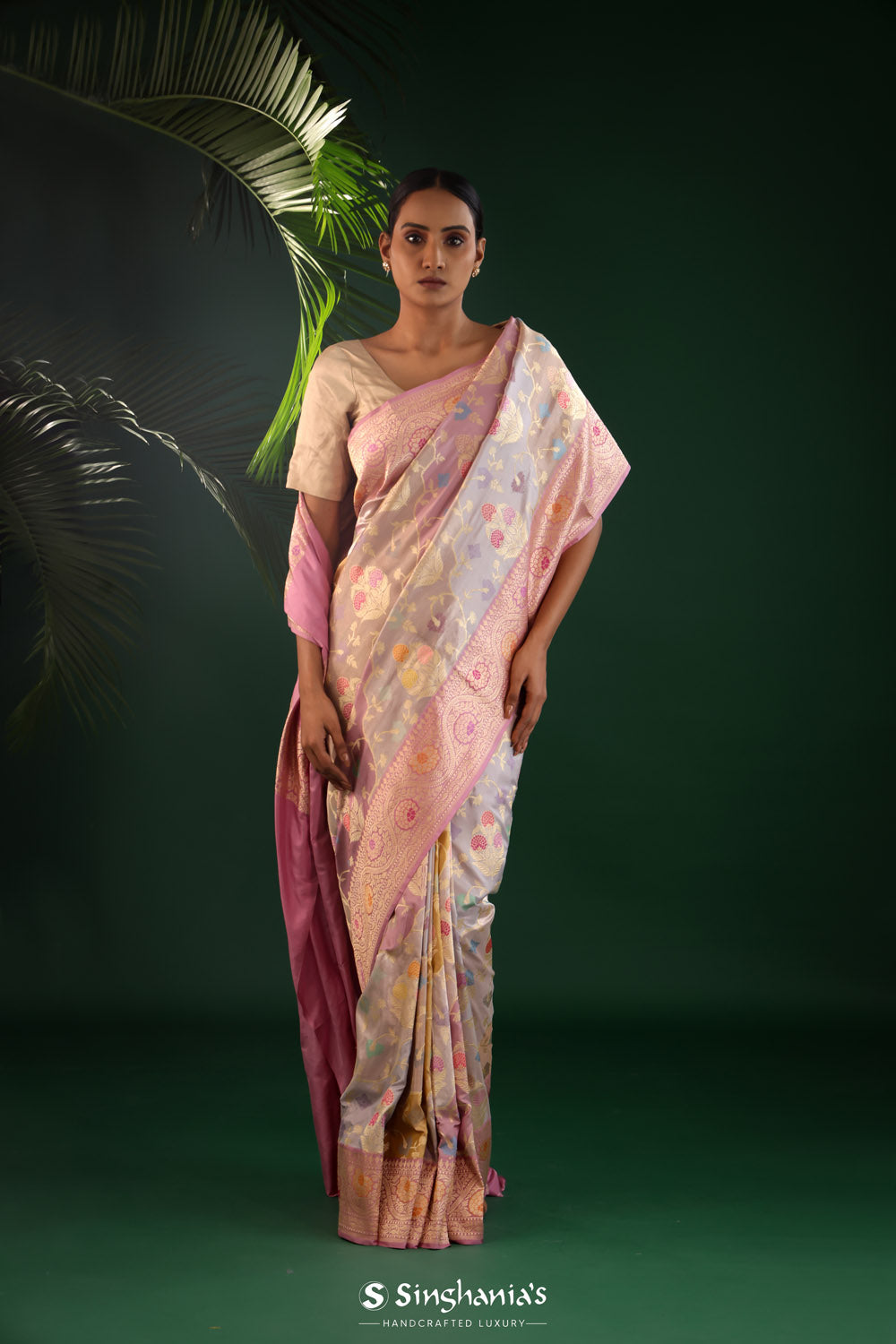 Pastel Purple Rangkat Banarasi Silk Saree With Floral Design