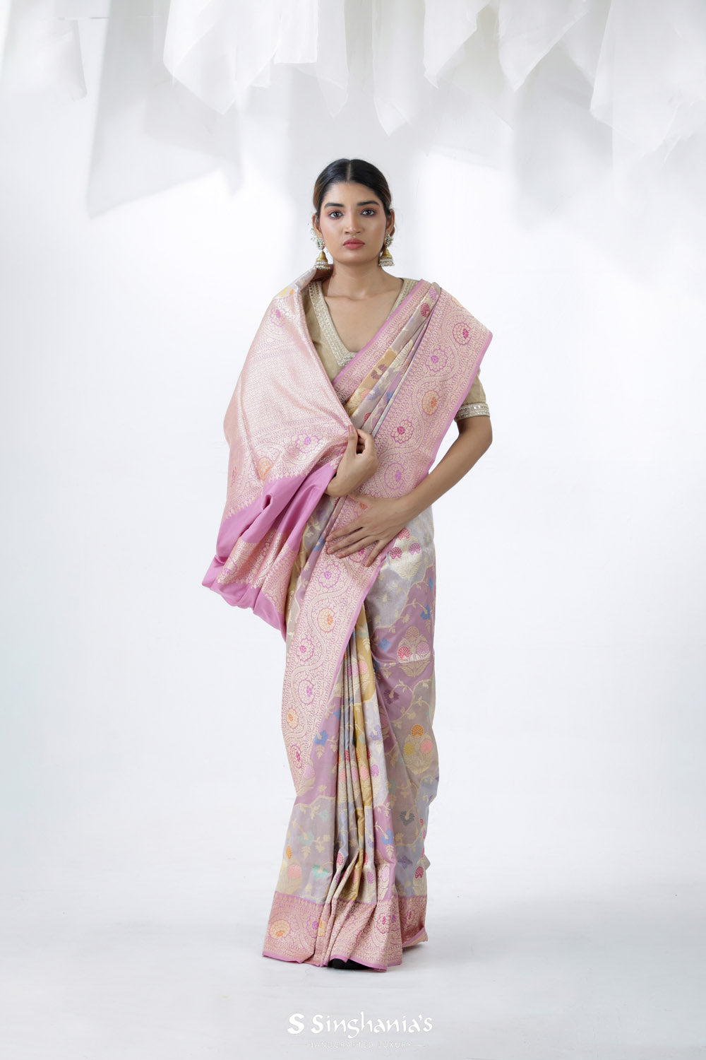 Pale Blue-Purple Rangkat Banarasi Silk Saree With Floral Design