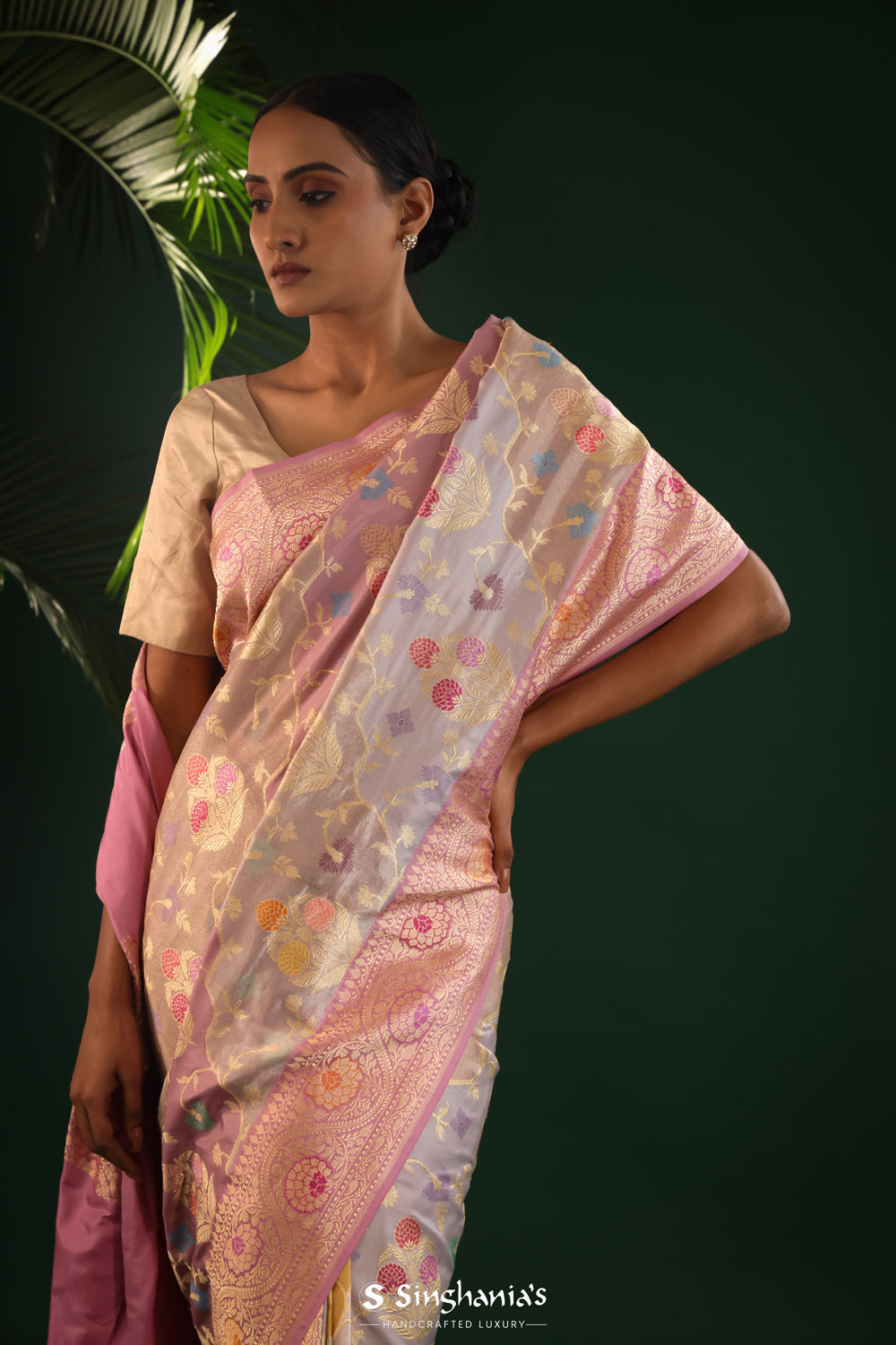 Pastel Purple Rangkat Banarasi Silk Saree With Floral Design