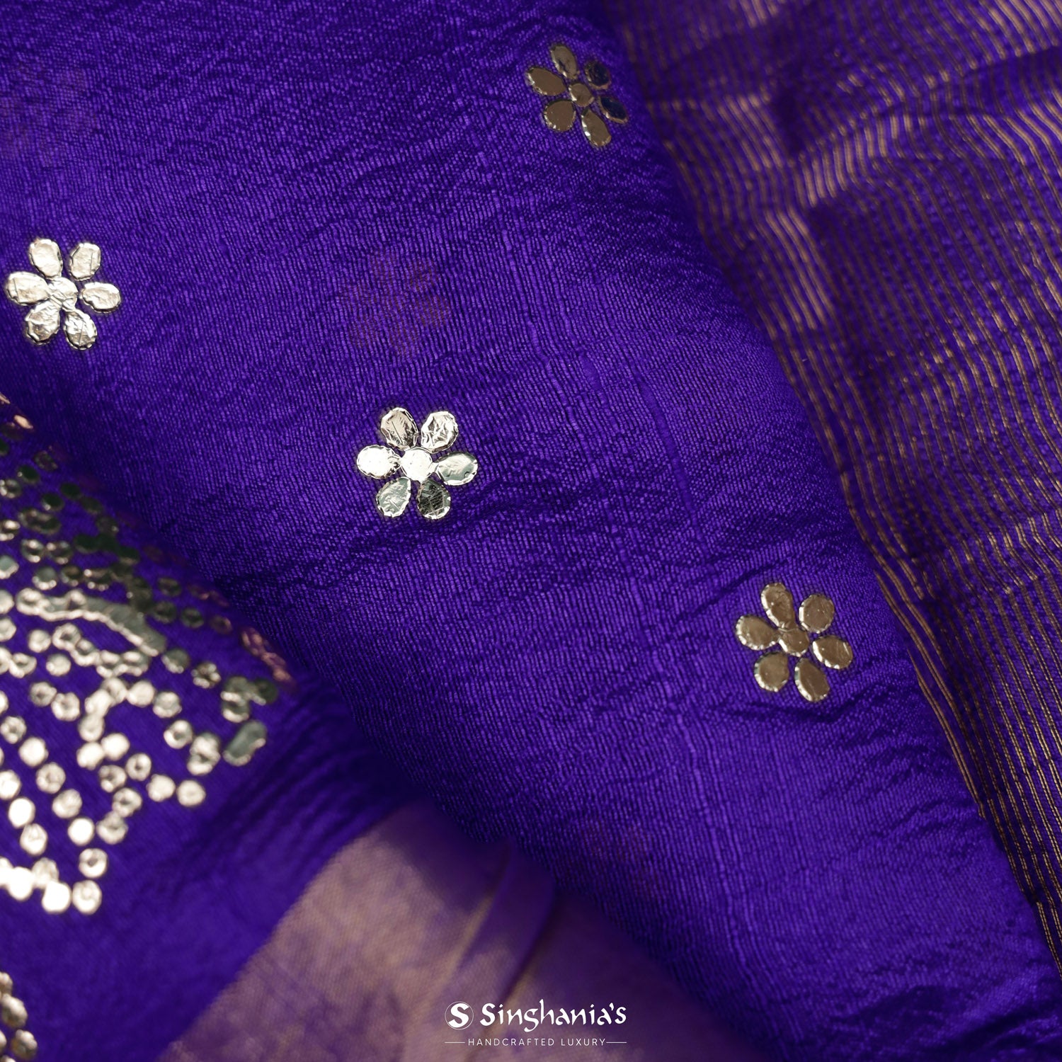 Bluish-Purple Dupion Silk Saree With Mukaish Work In Floral Buttis And Peacock Pattern