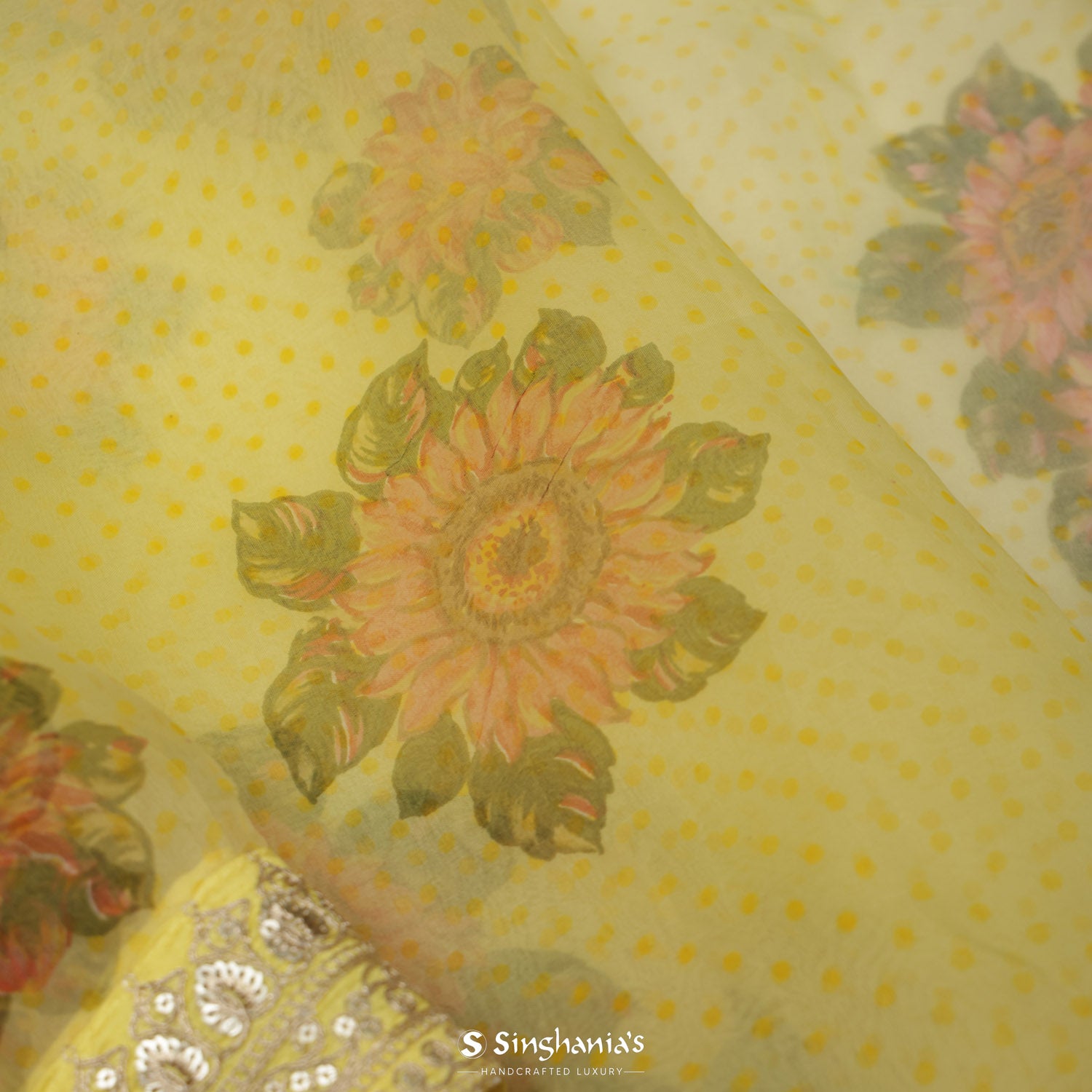 Corn Yellow Printed Organza Saree With Embroidery