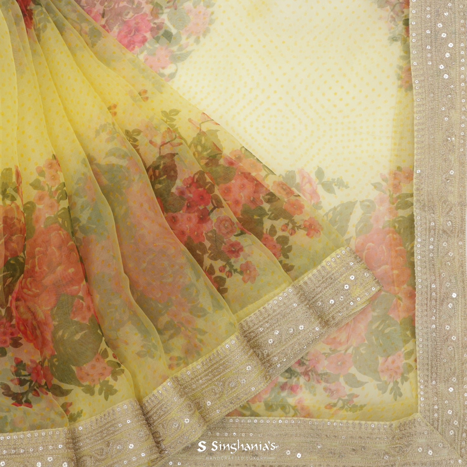 Clover Lime Yellow Printed Organza Saree With Floral Pattern
