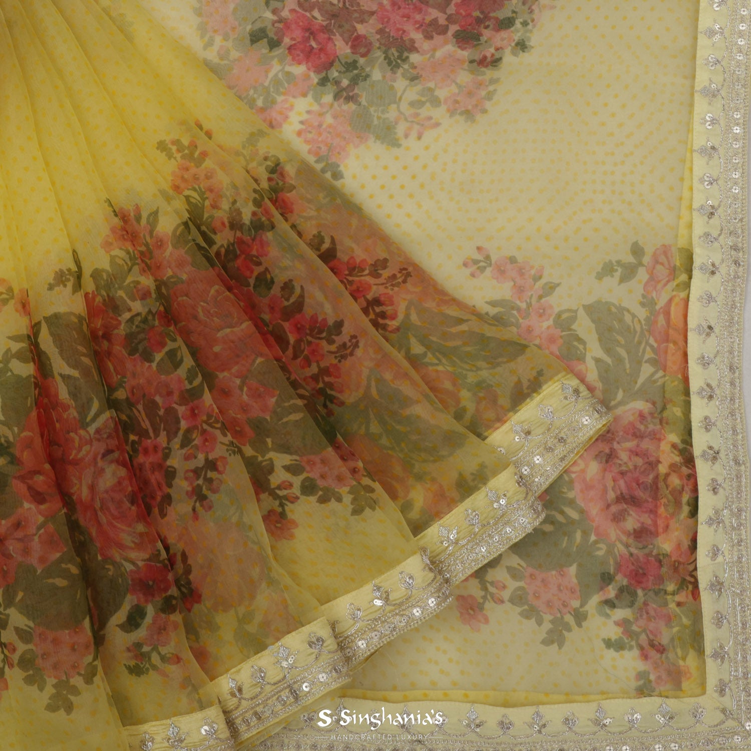 Retro Yellow Organza Saree With Hand Embroidery