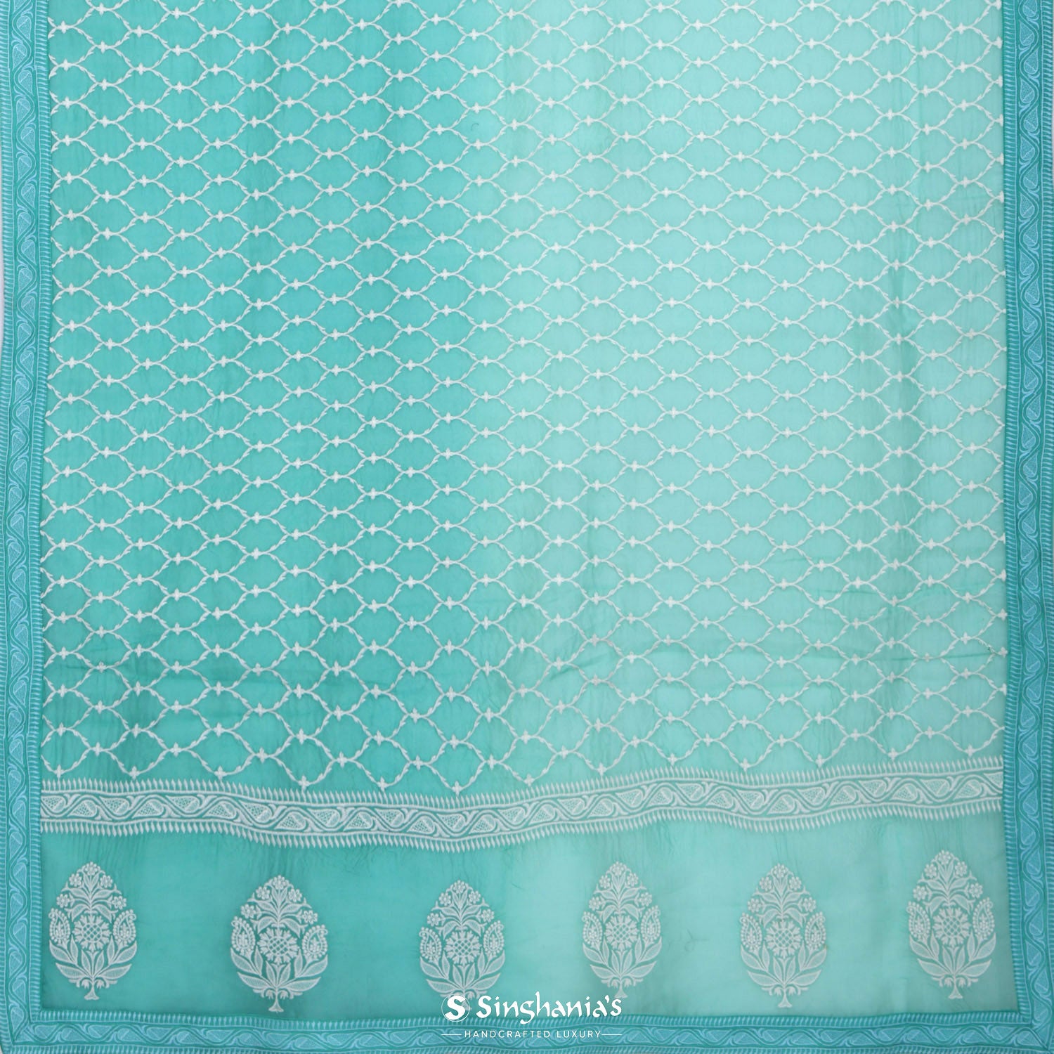 Medium Turquoise Blue Organza Saree With Thread Embroidery
