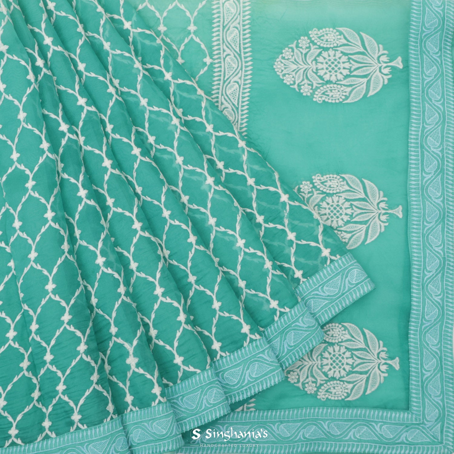 Medium Turquoise Blue Organza Saree With Thread Embroidery