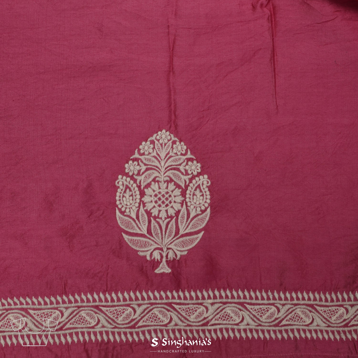 Bright Maroon Pink Organza Saree With Floral Thread Embroidery