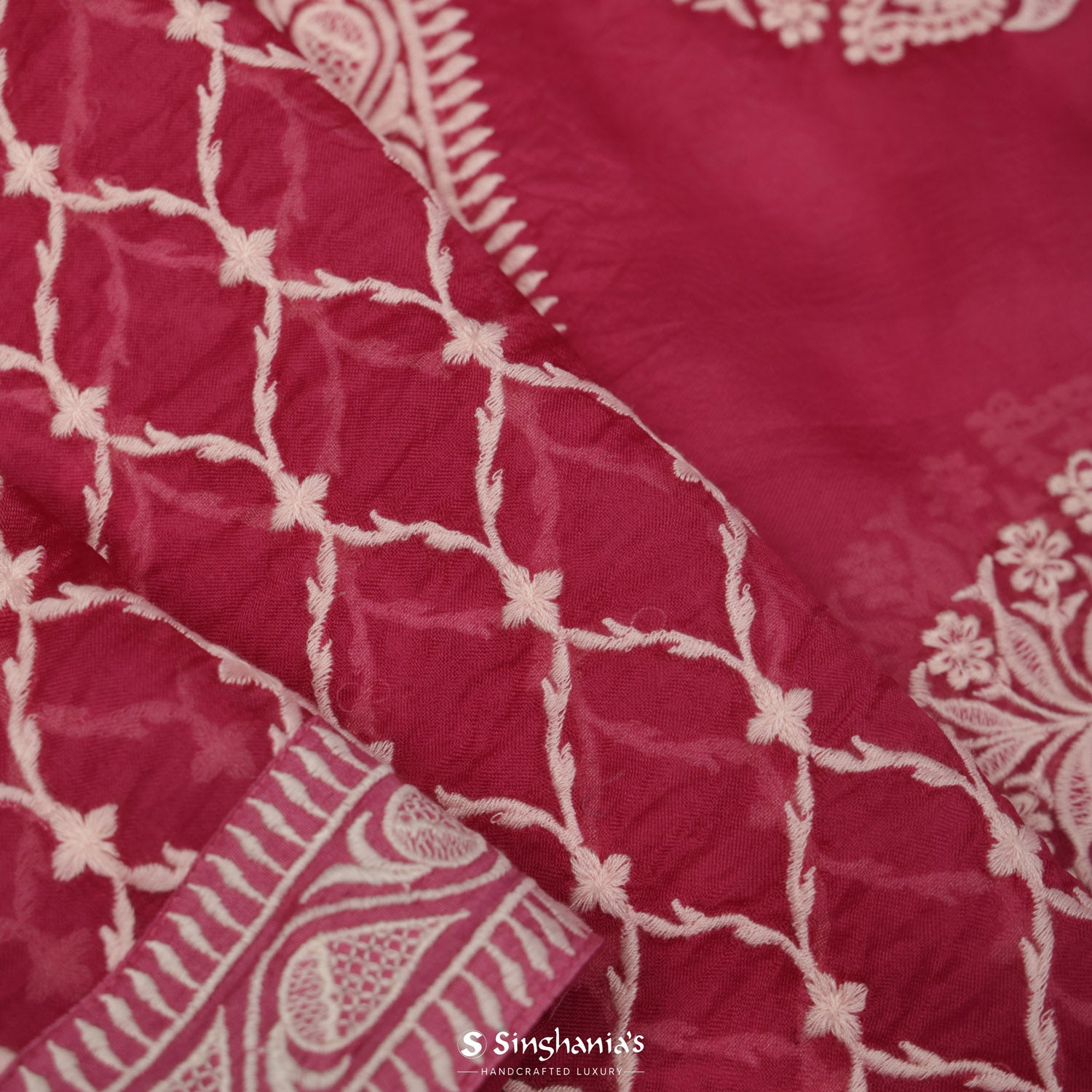 Bright Maroon Pink Organza Saree With Floral Thread Embroidery