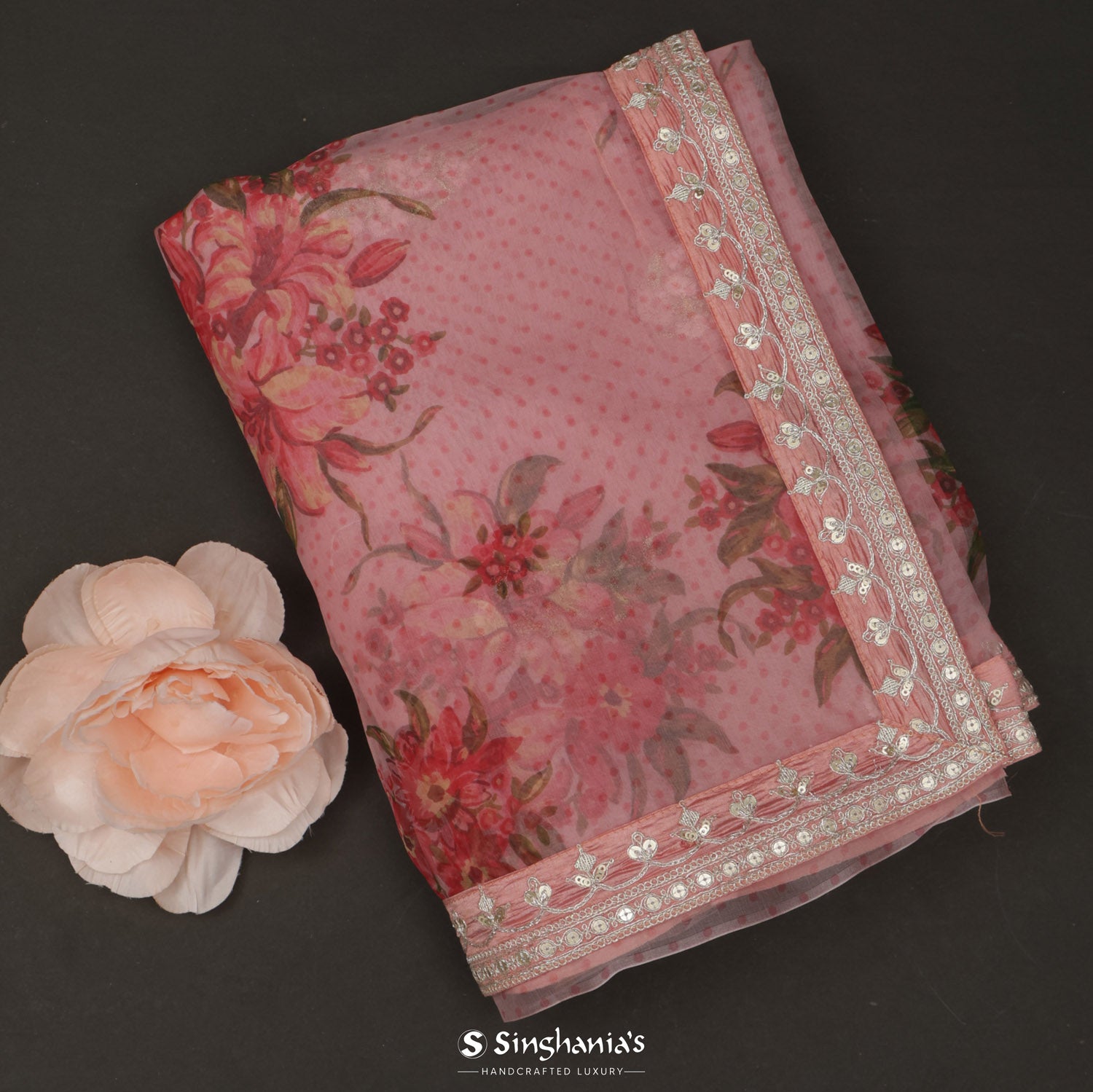 Light Blush Pink Organza Saree With Hand Embroidery