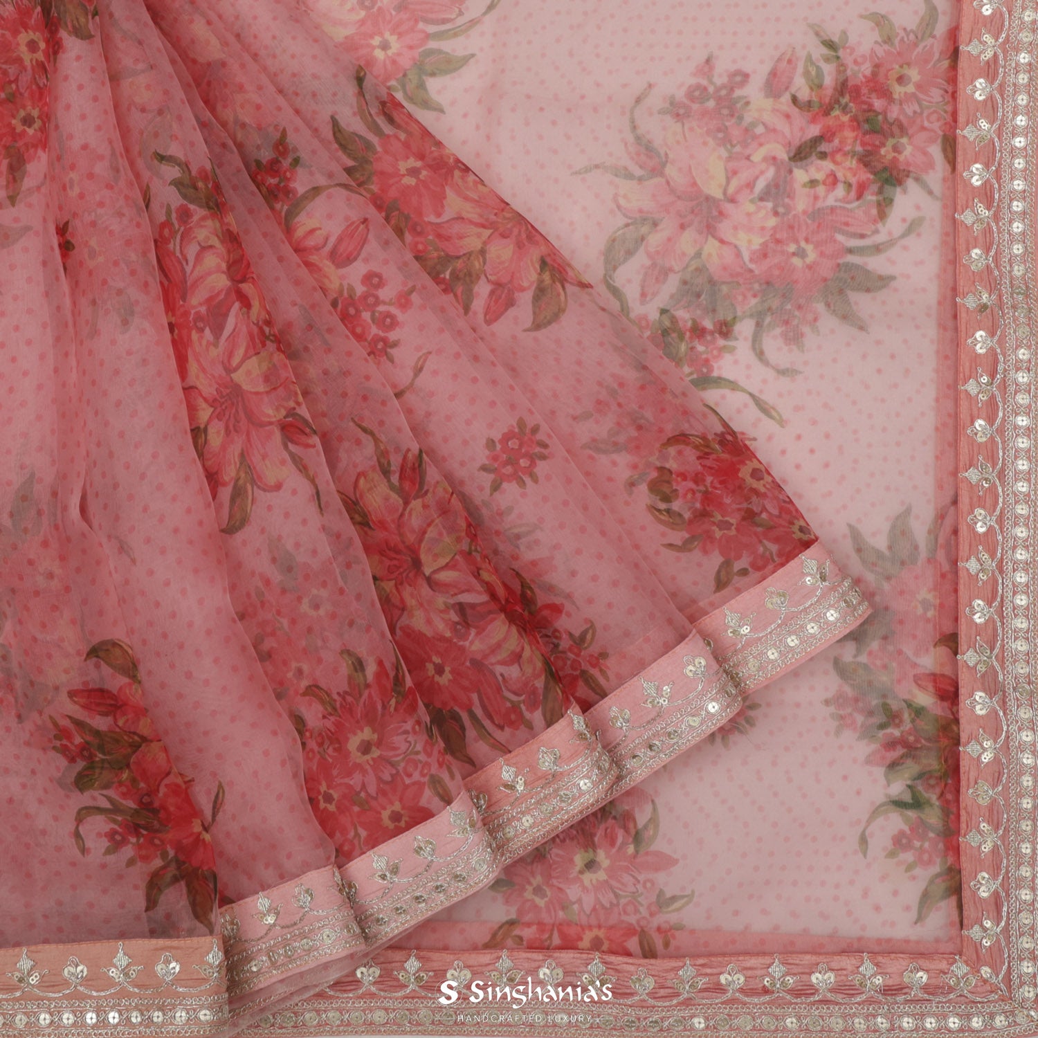 Light Blush Pink Organza Saree With Hand Embroidery