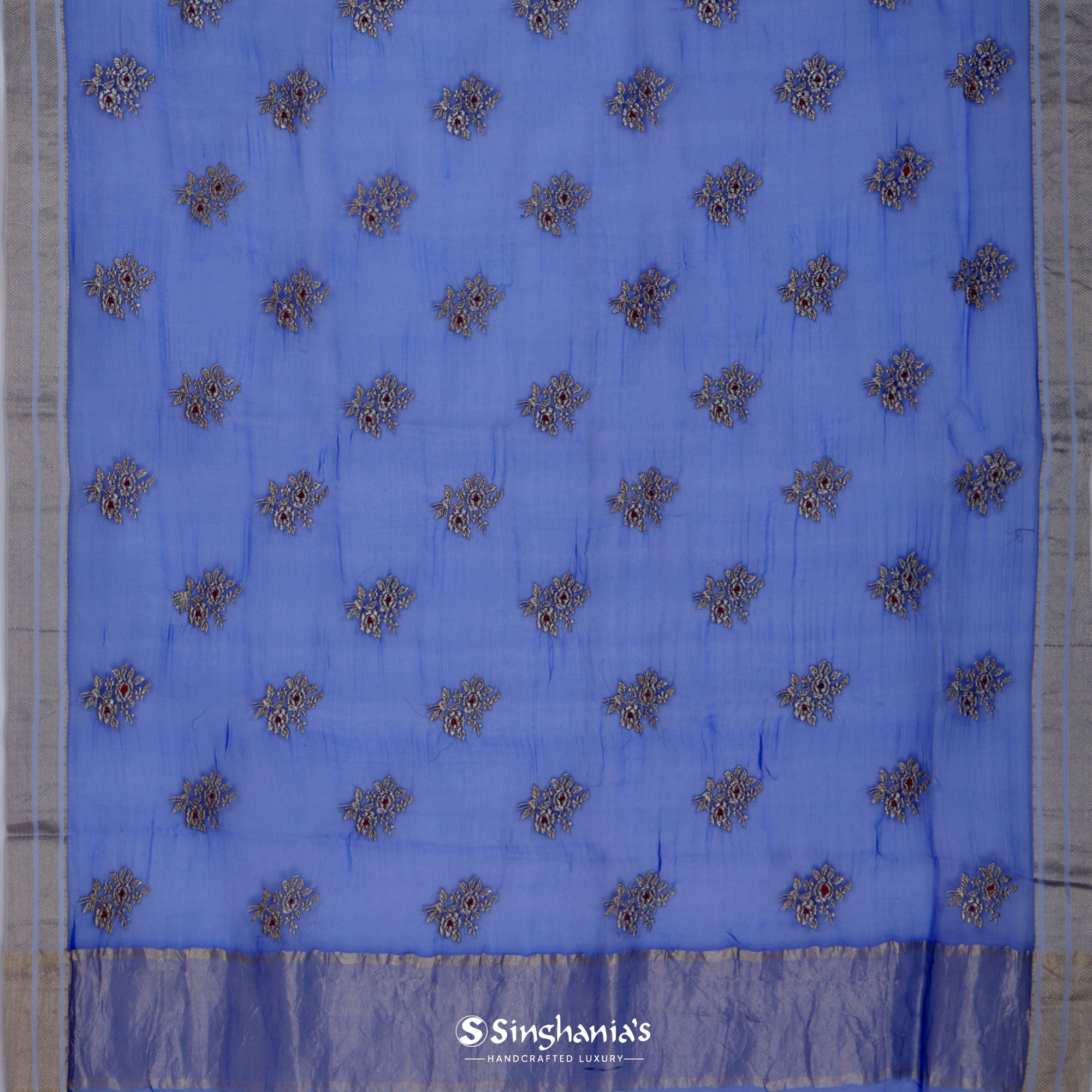Byzantine Blue Organza Saree With Floral Embroidery