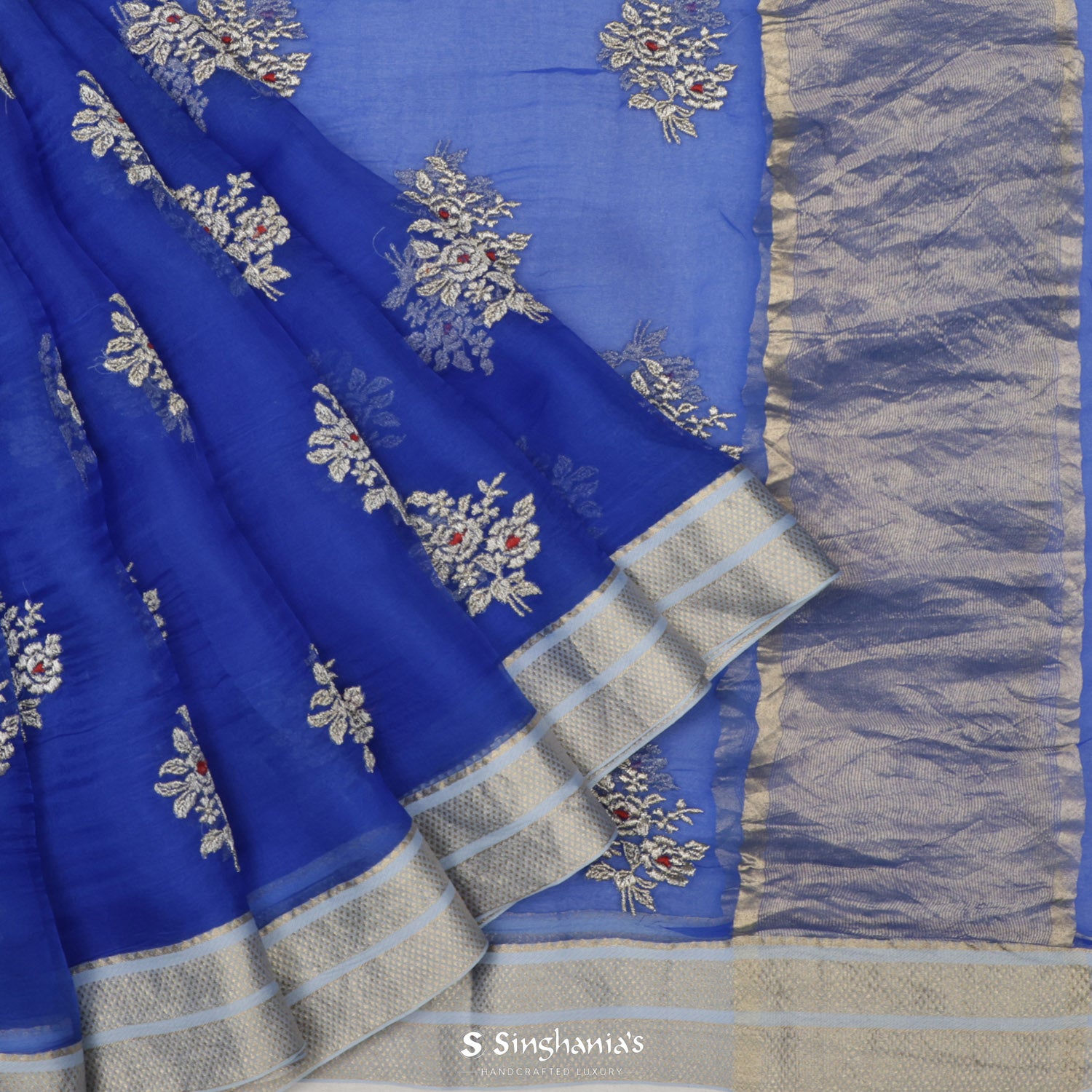 Byzantine Blue Organza Saree With Floral Embroidery