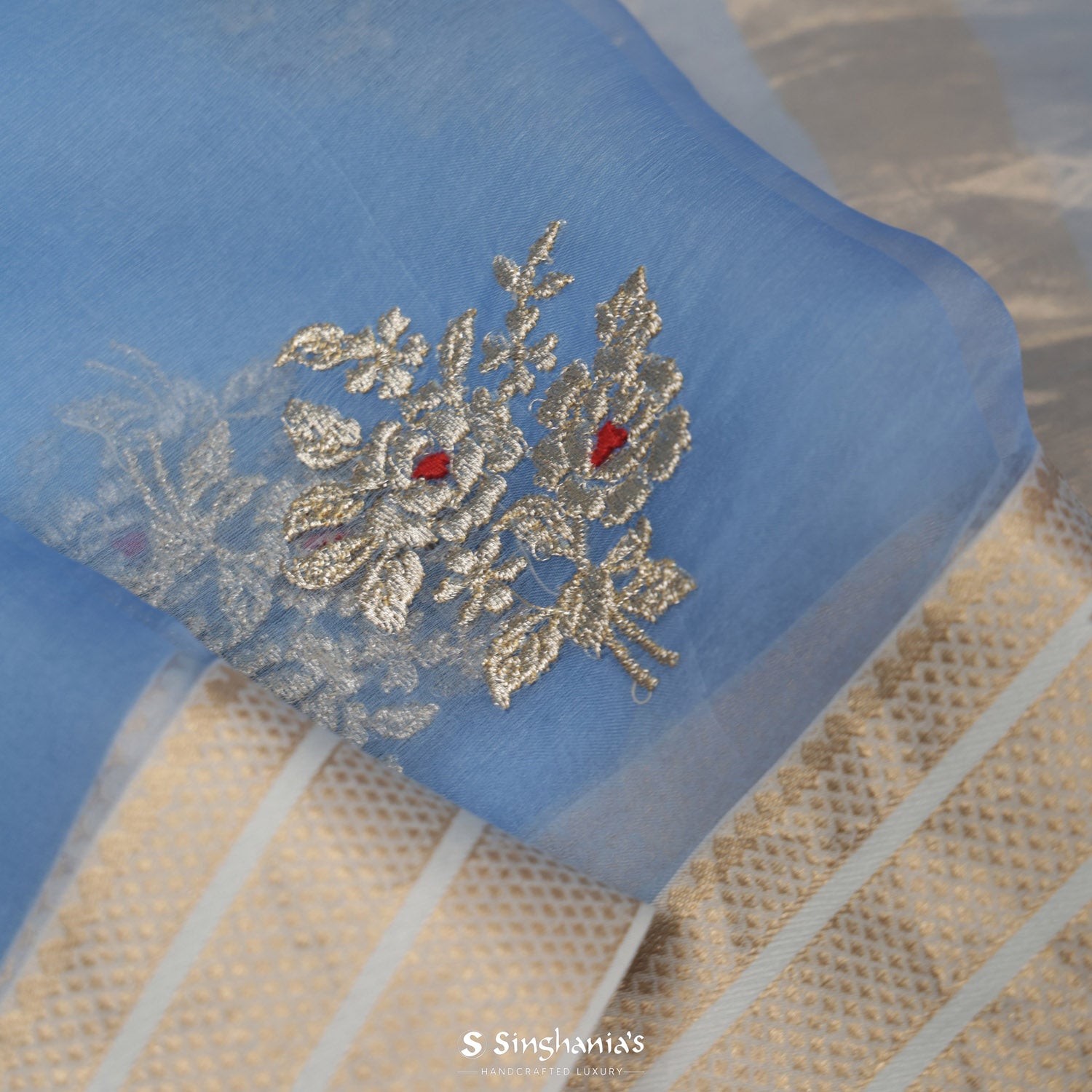 Ruddy Blue Organza Saree With Floral Embroidery