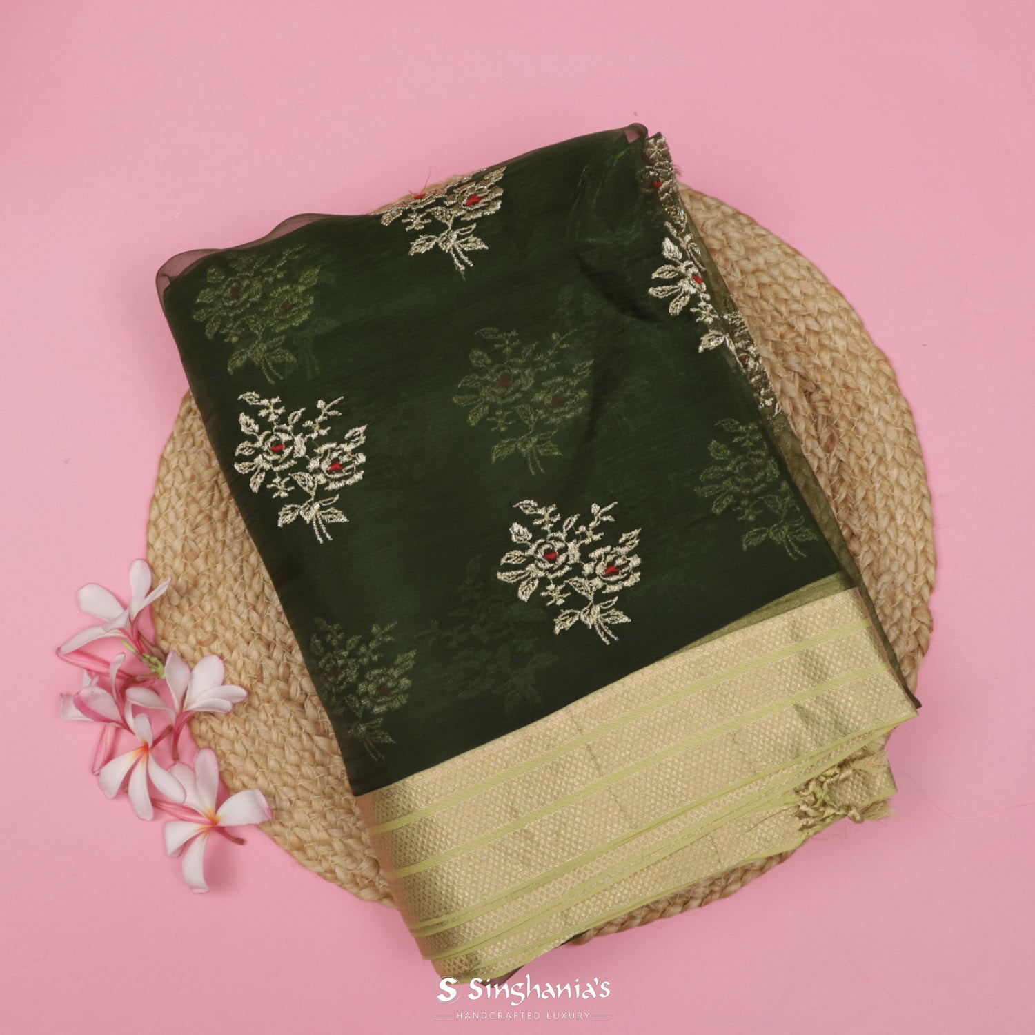 Medium Jungle Green Organza Saree With Floral Embroidery
