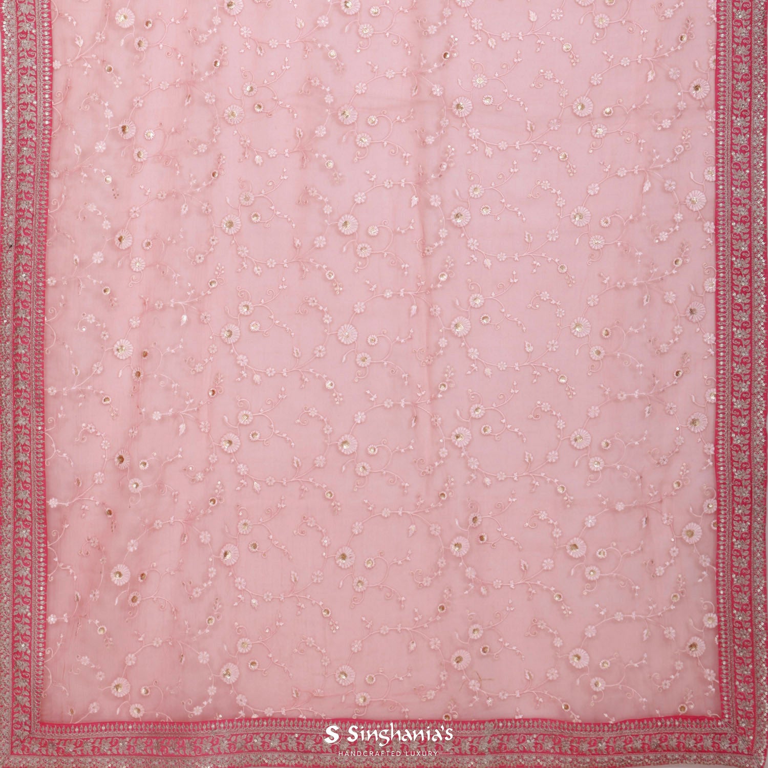 Strawberry Pink Organza Saree With Floral Thread Buttis