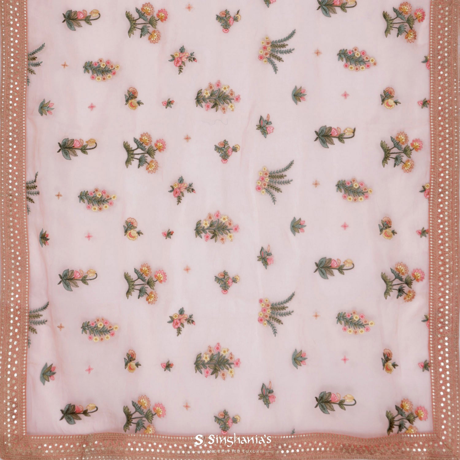 Apricot Orange Organza Saree With Floral Butti Thread Embroidery