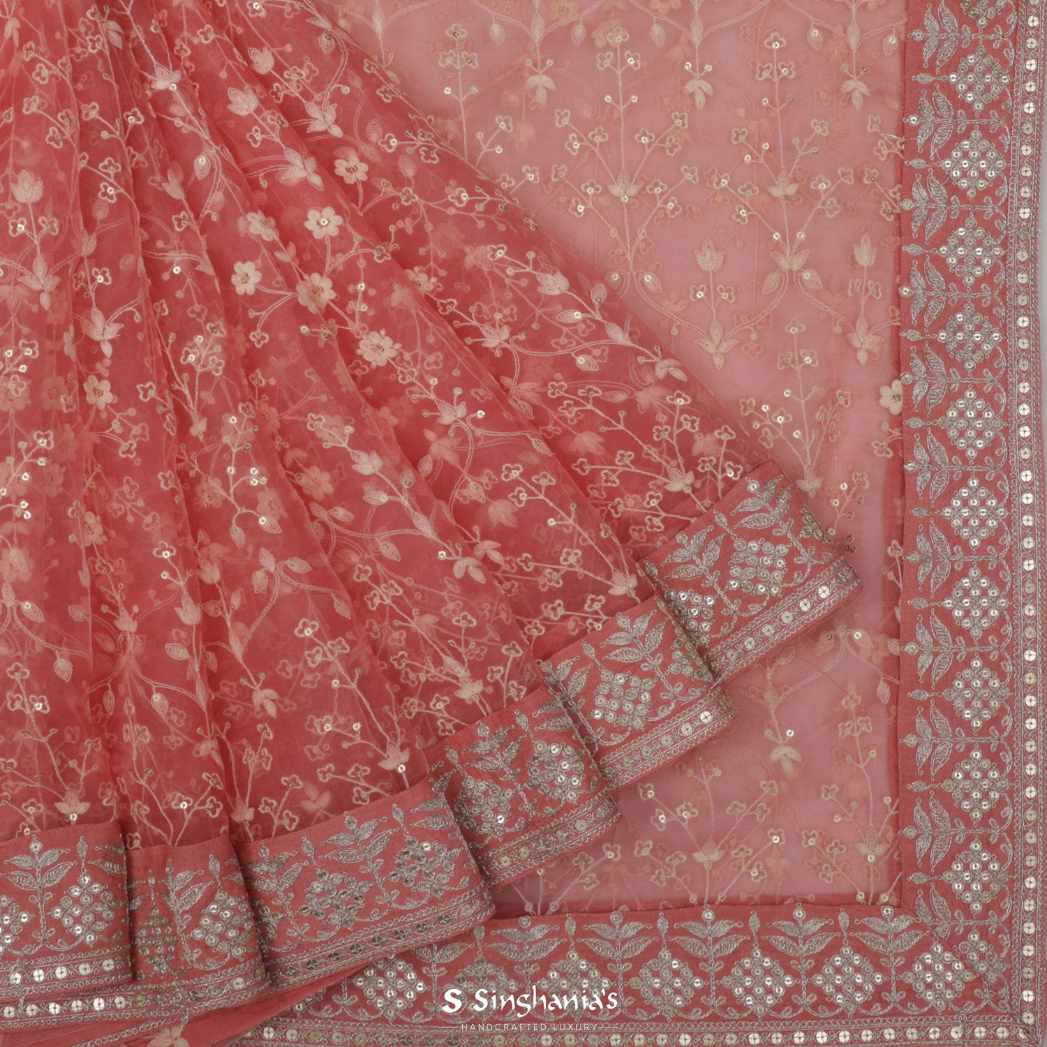 Sea Pink Organza Saree With Hand Embroidery