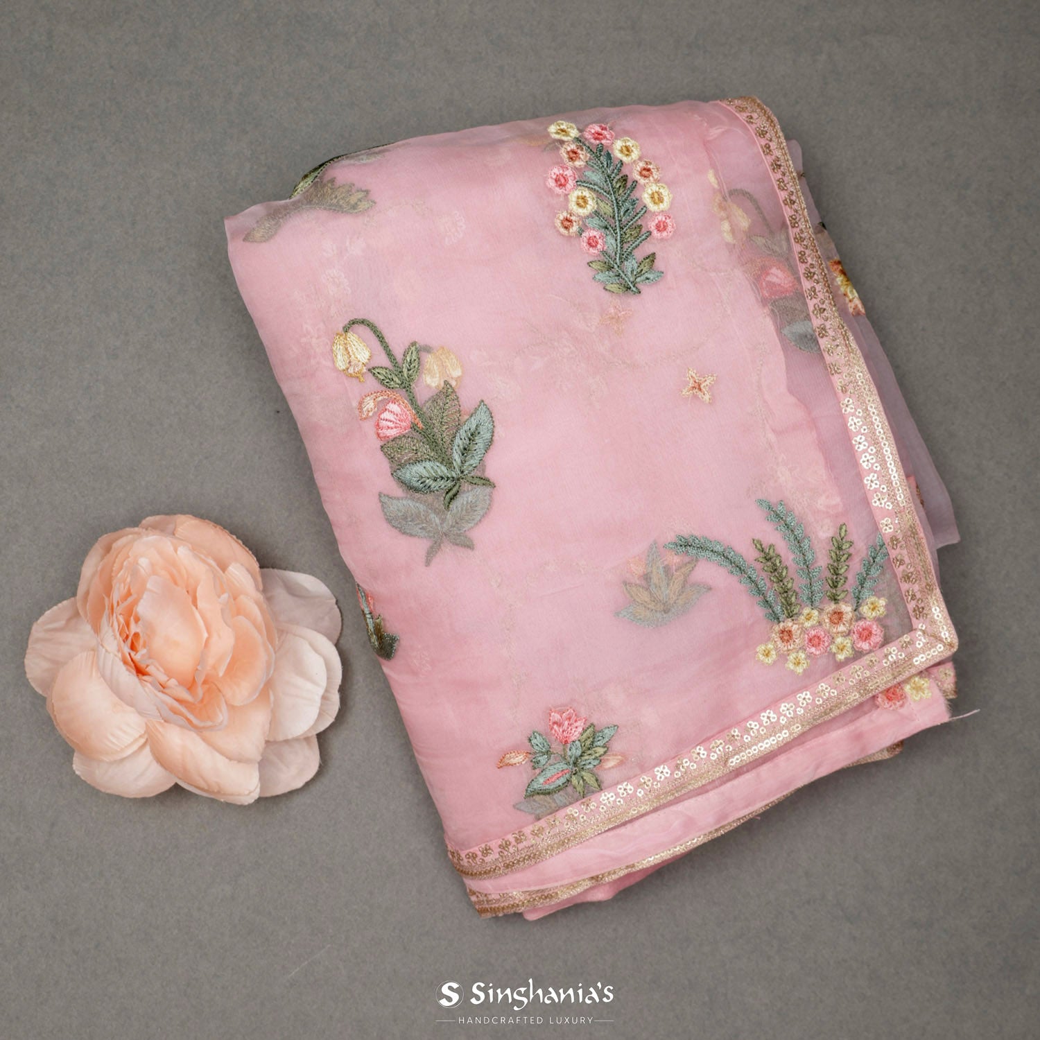 Pastel Pink Organza Saree With Floral Buttas