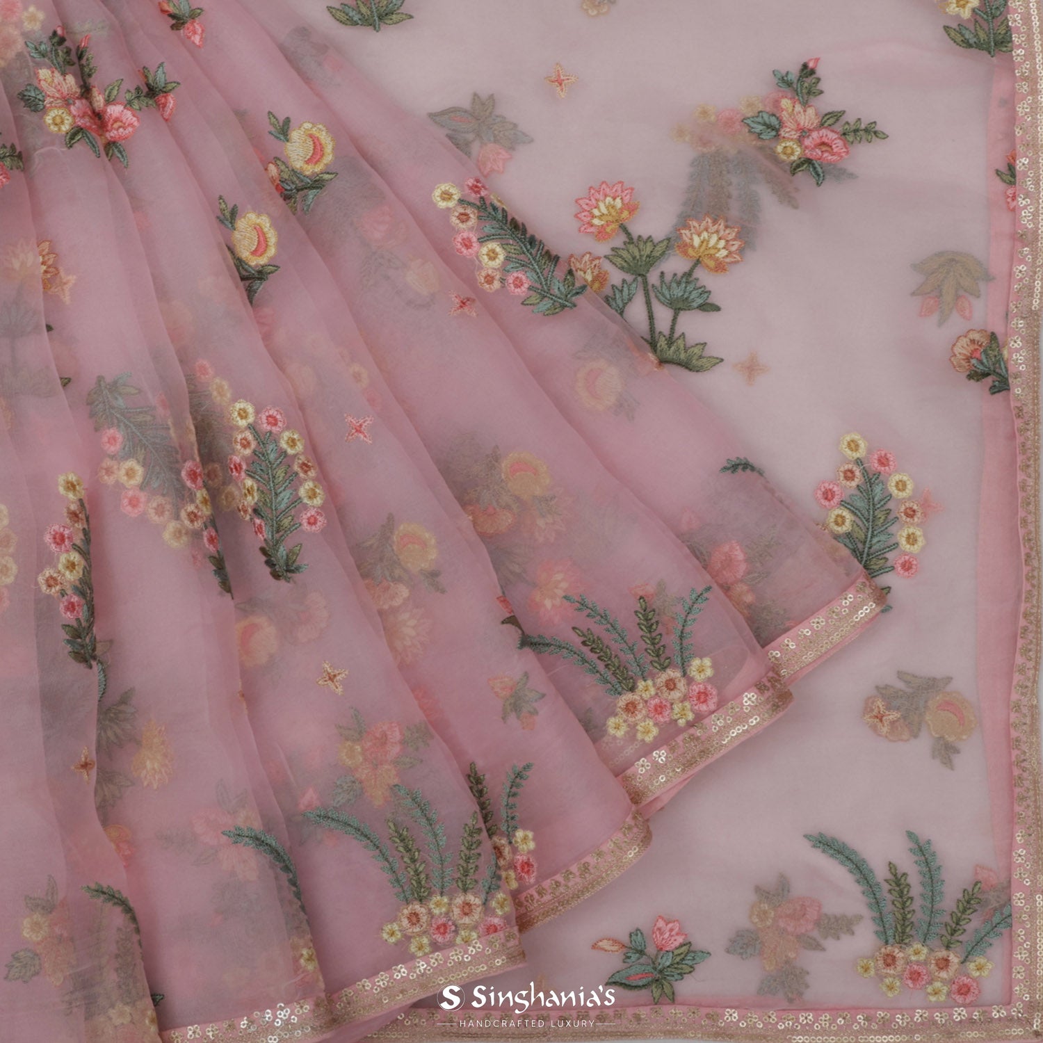 Pastel Pink Organza Saree With Floral Buttas