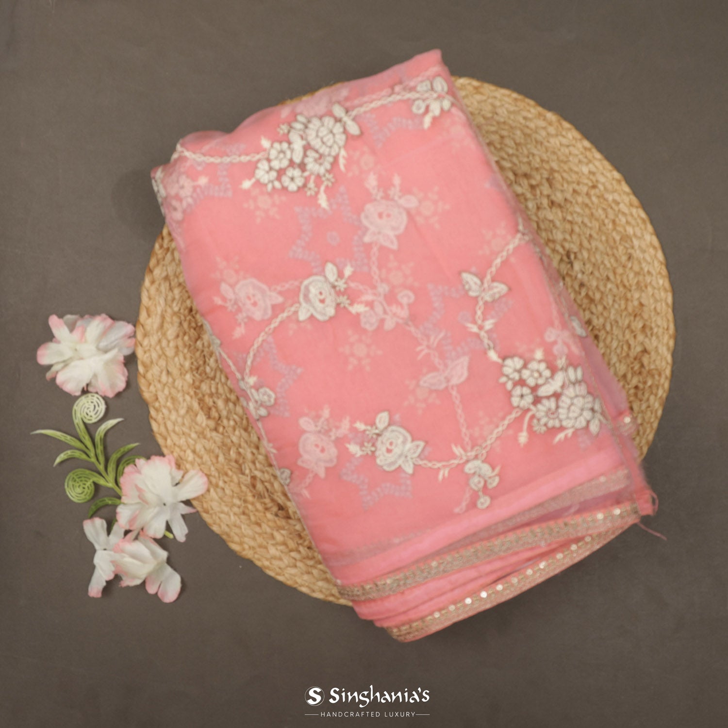 Light Pink Organza Saree With Floral Thread Work