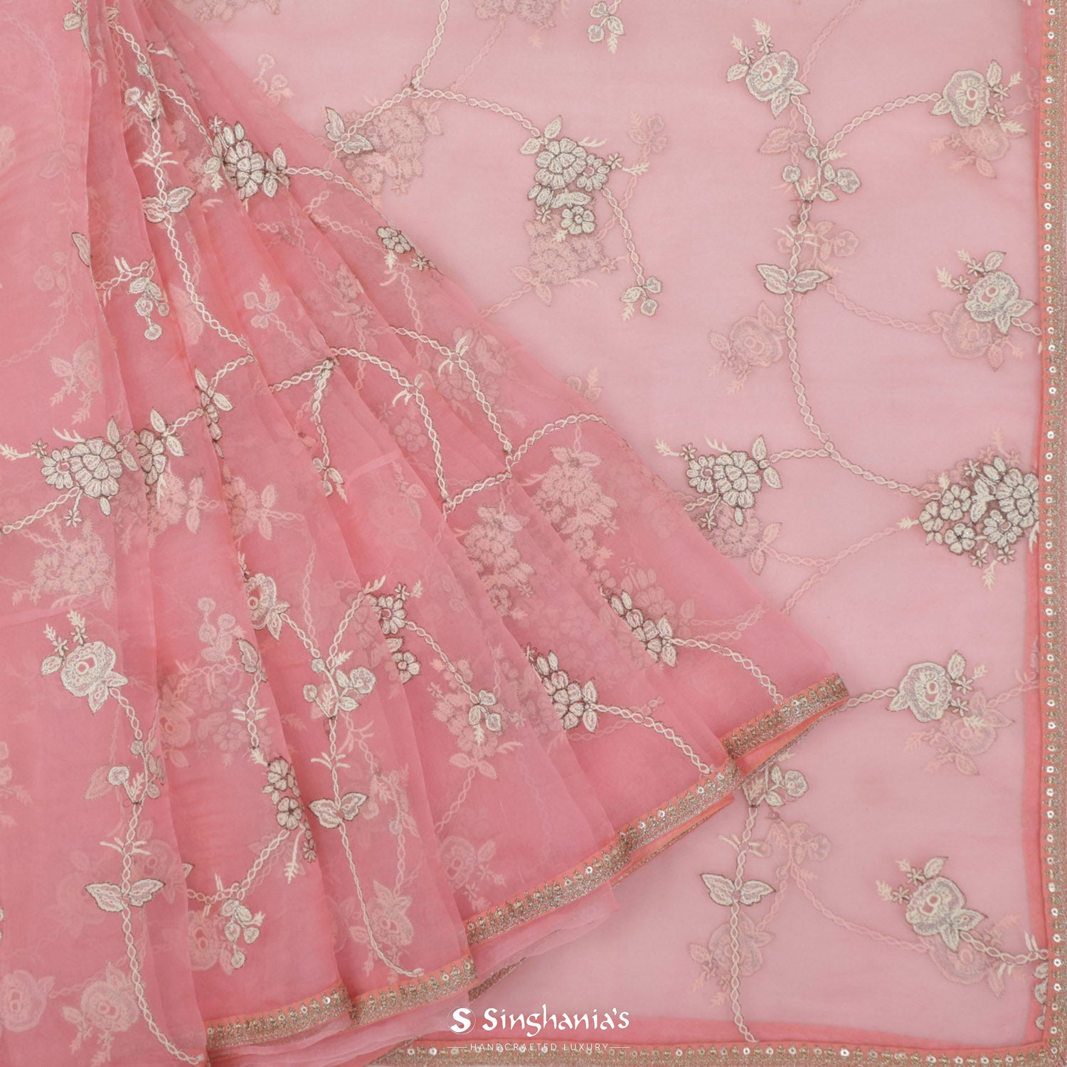 Light Pink Organza Saree With Floral Thread Work