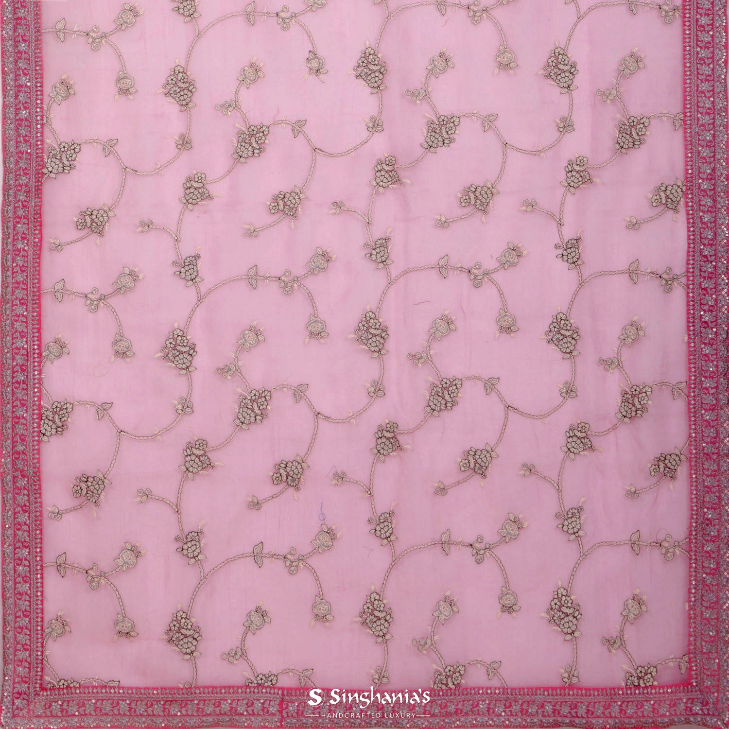 Light Pink Printed Organza Saree With Floral Pattern