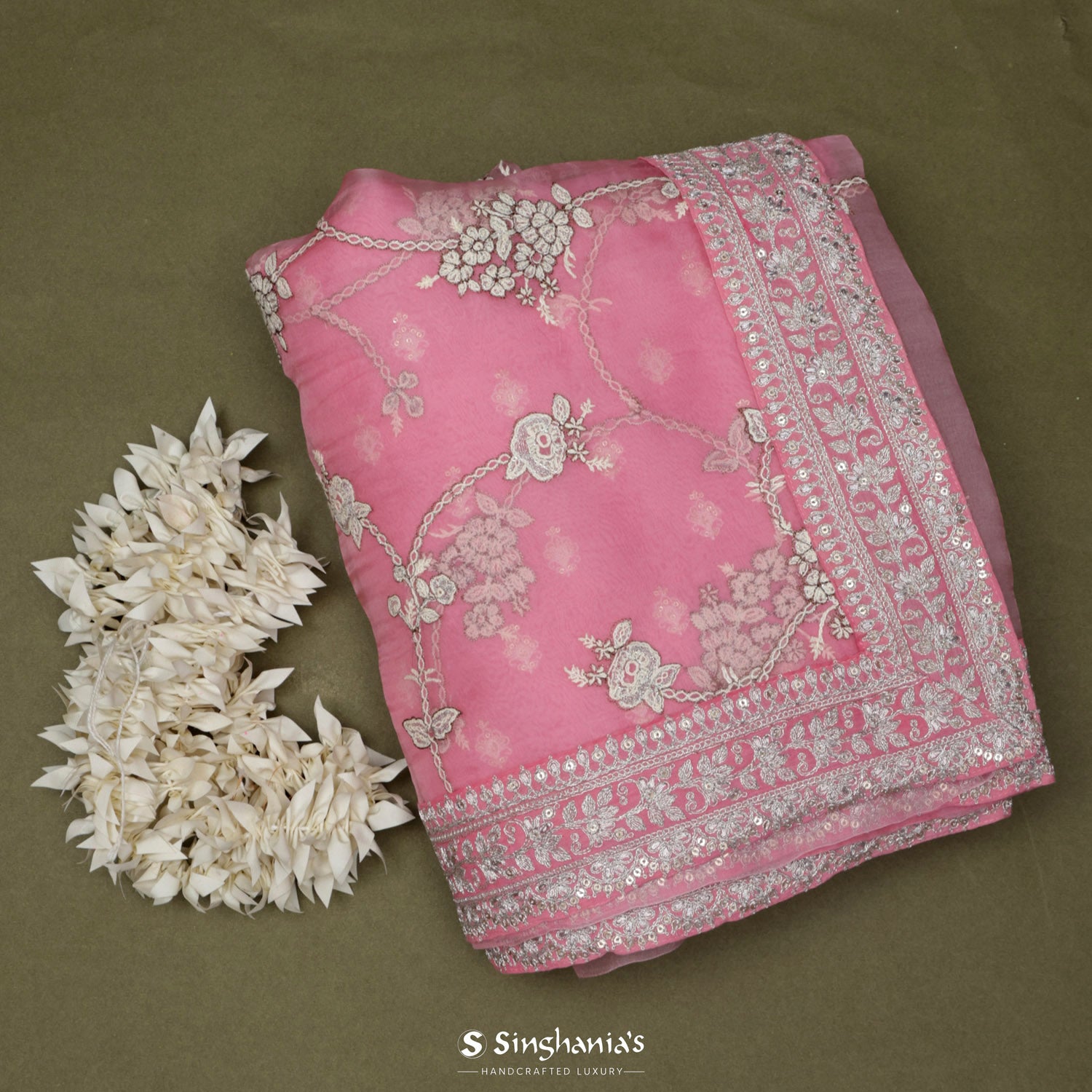 Light Pink Printed Organza Saree With Floral Pattern