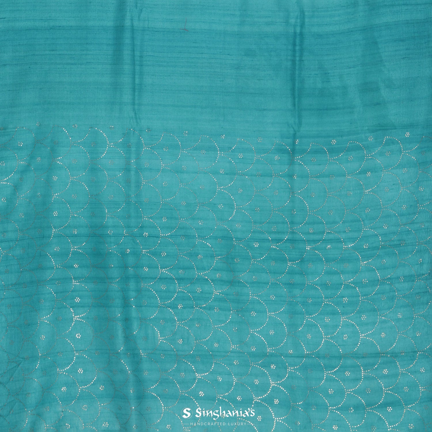 Medium Turquoise Blue Tussar Saree With Foil Print In Grid Pattern